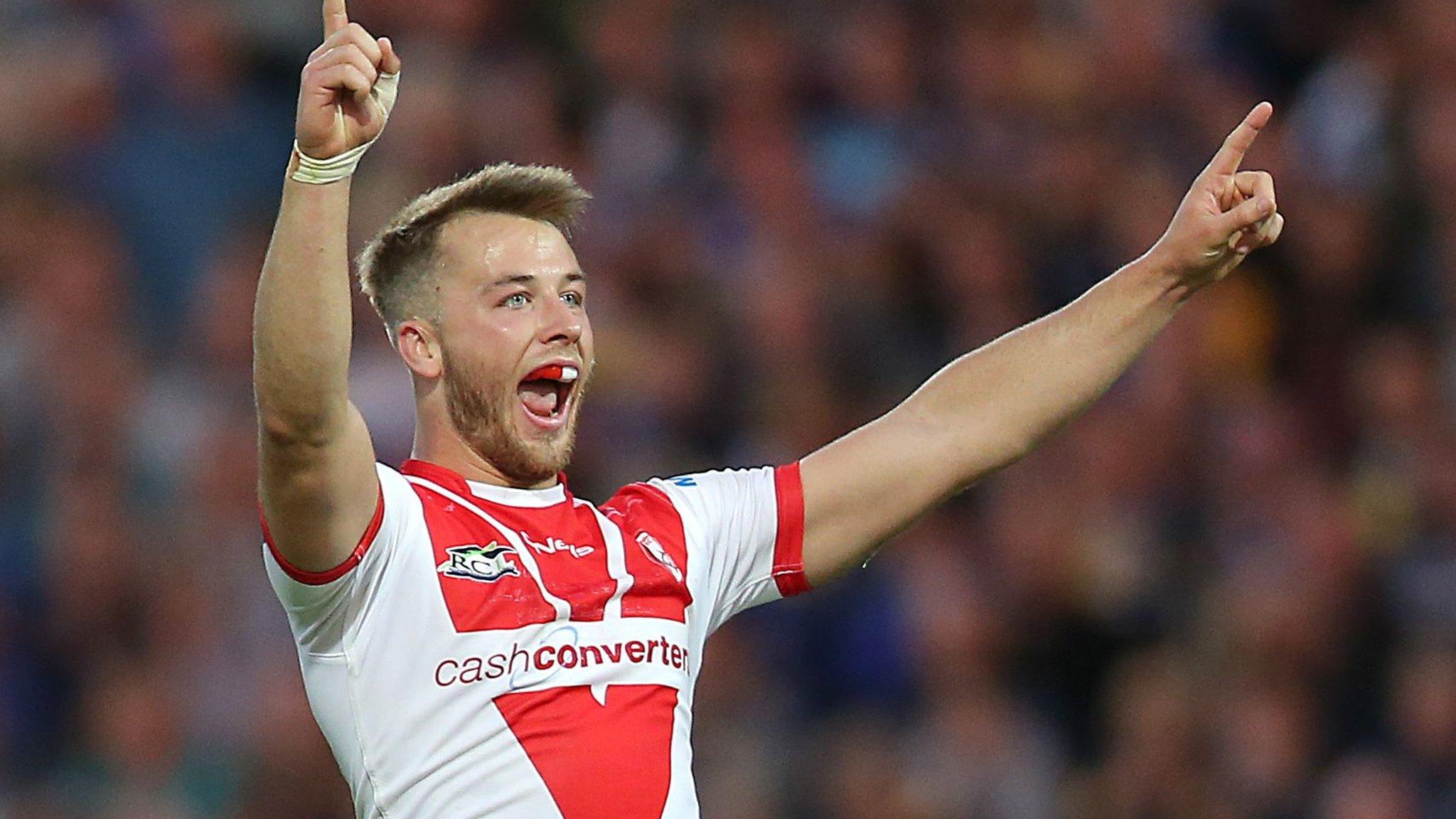 Danny Richardson celebrates his late drop-goal against Leeds