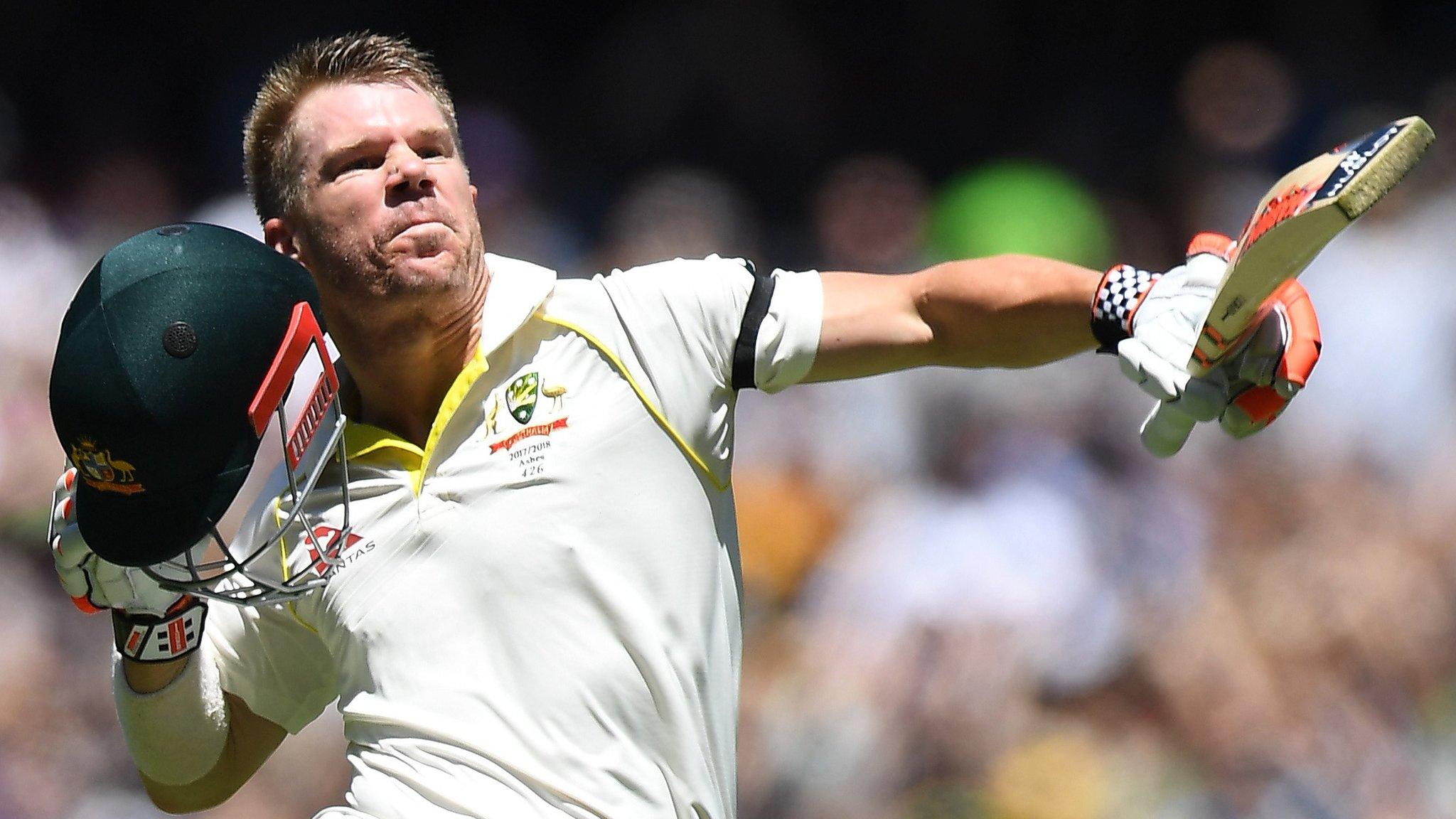 David Warner celebrates his century at the MCG