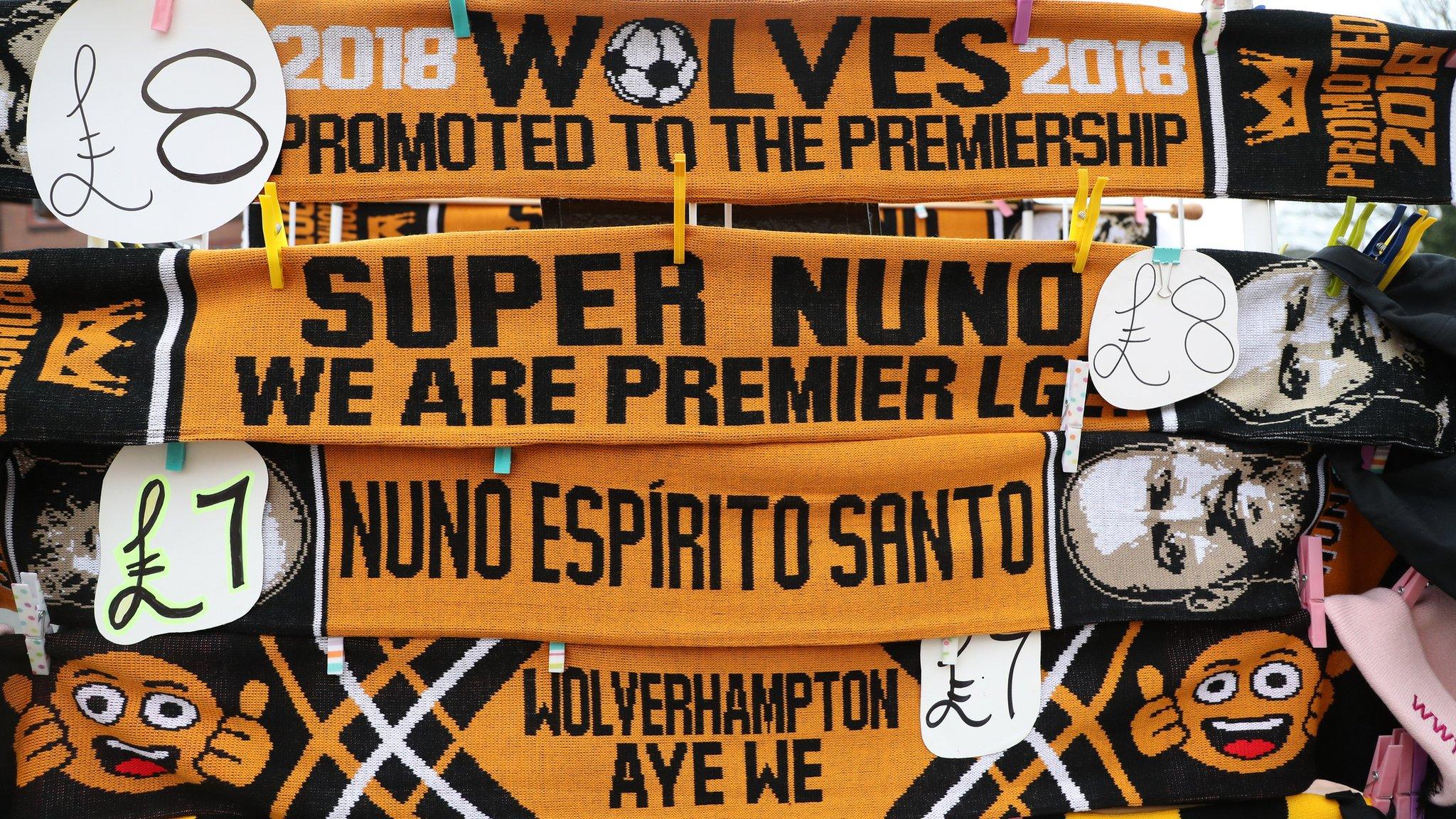 Wolves scarves celebrating promotion to Premier League