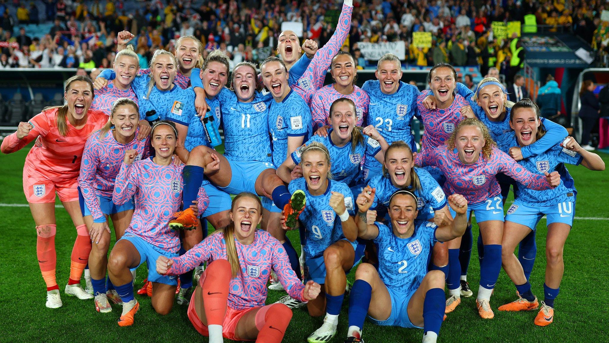 England celebrate reaching the final of the Women's World Cup