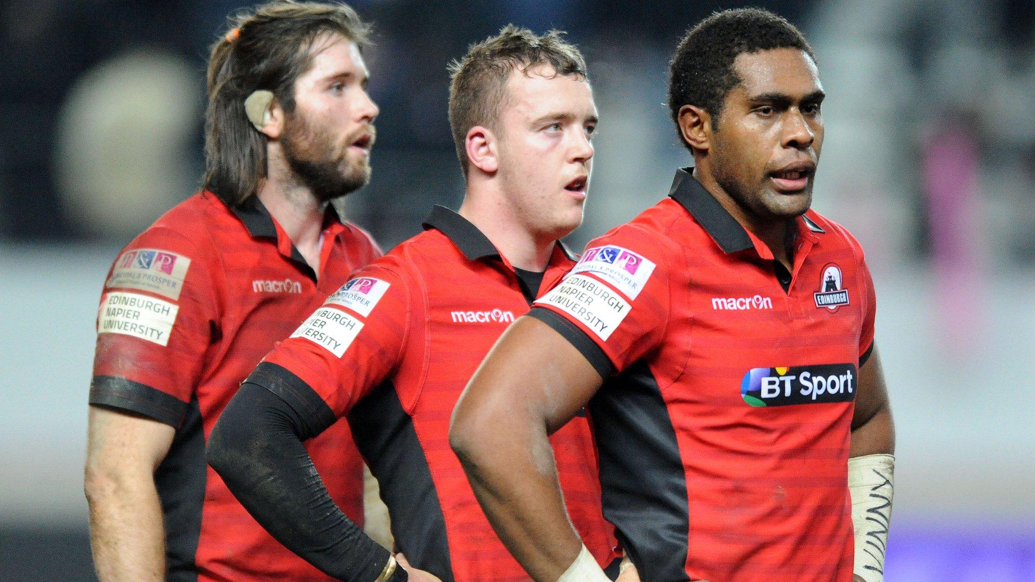 Edinburgh's Ben Toolis, Lewis Carmichael and Viliame Mata are left disappointed