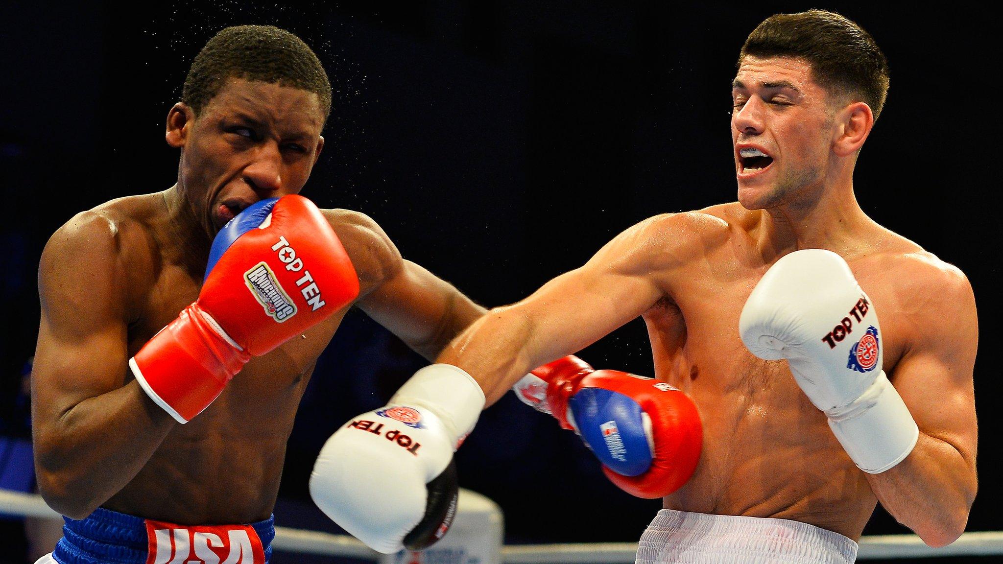 Joe Cordina (right) of the British Lionhearts in action against Bruce Carrington of the USA Knockouts