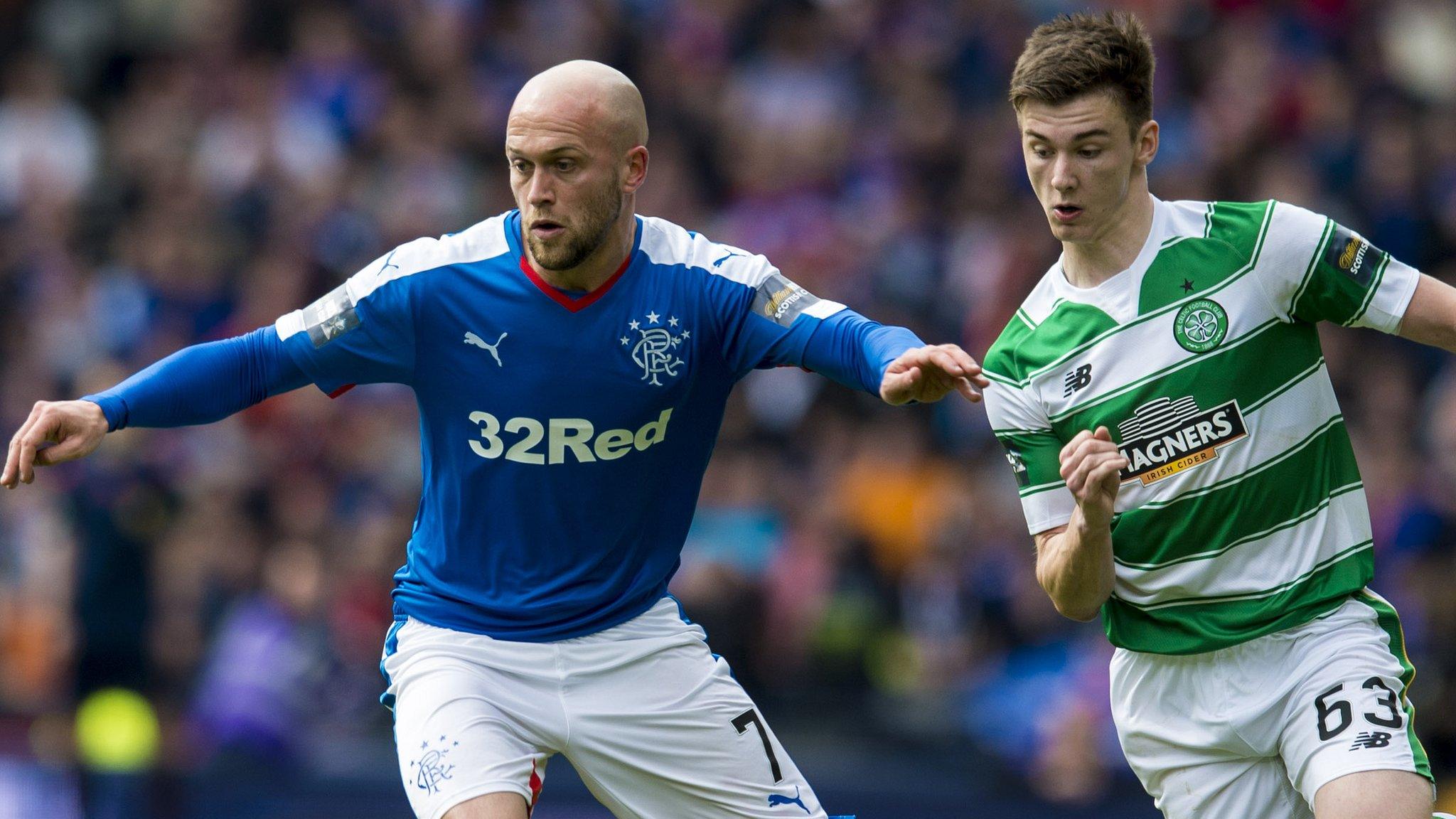 Rangers' Nicky Law holds off Celtic's Kieran Tierney in their recent Scottish Cup semi-final meeting