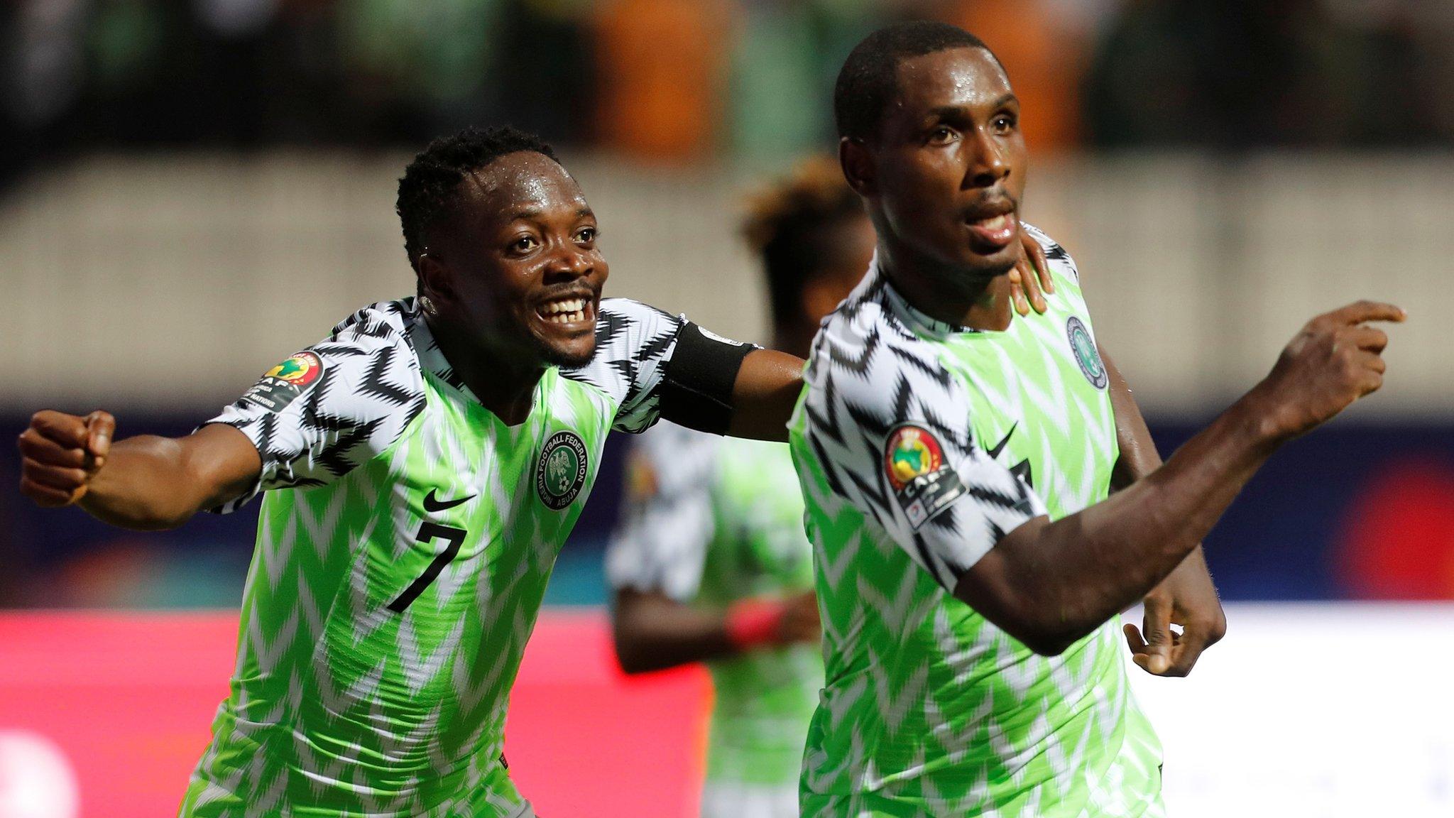 Nigeria celebrate scoring against Cameroon at the Africa Cup of Nations