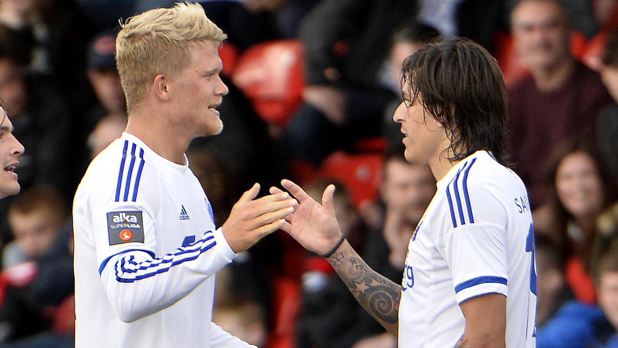 Andreas Cornelius (left) is congratulated after scoring Copenhagen's second goal