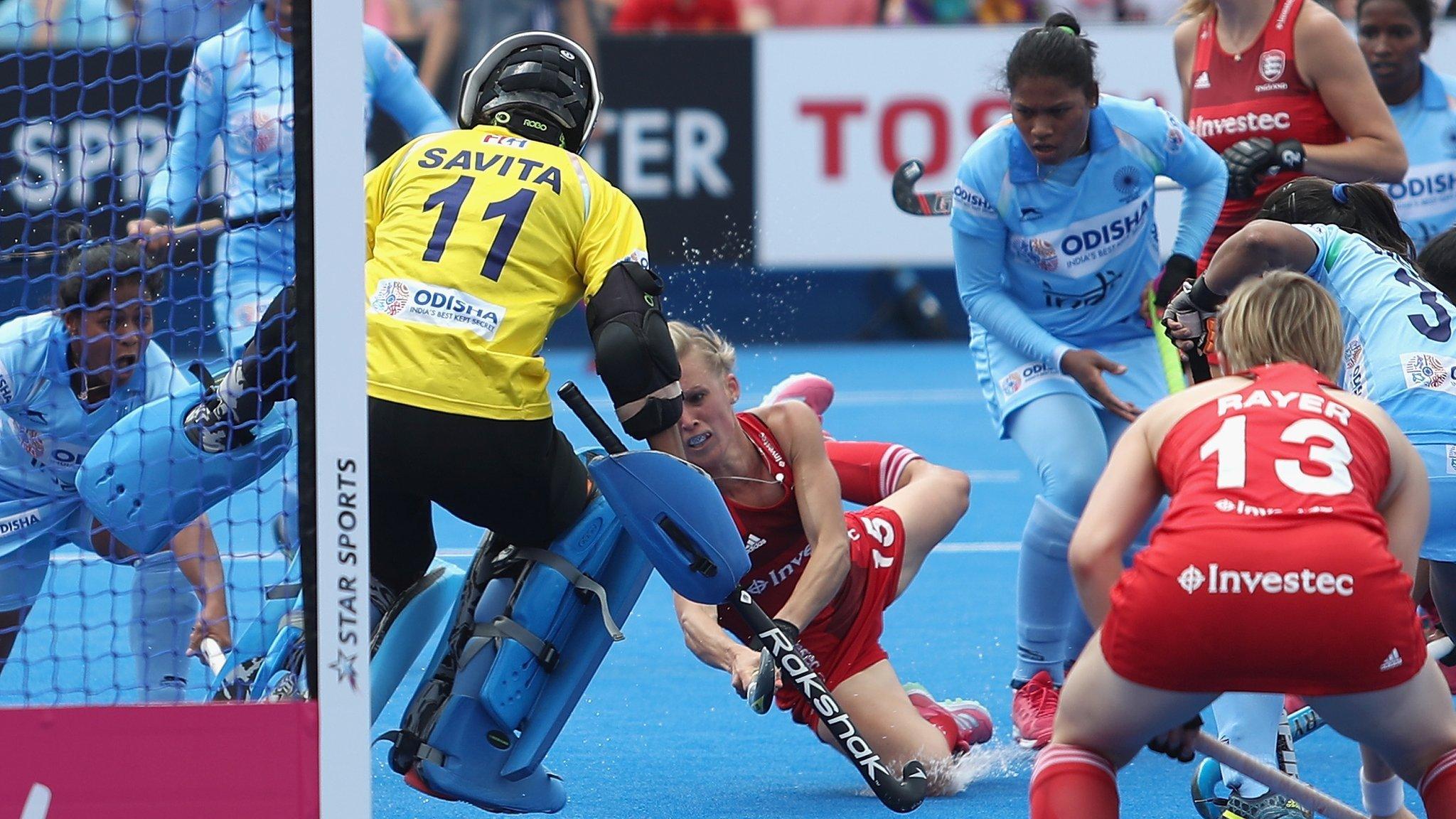 Alex Danson of England shoots at goal during the Pool B game between England and India of the FIH Womens Hockey World Cup at Lee Valley Hockey and Tennis Centre
