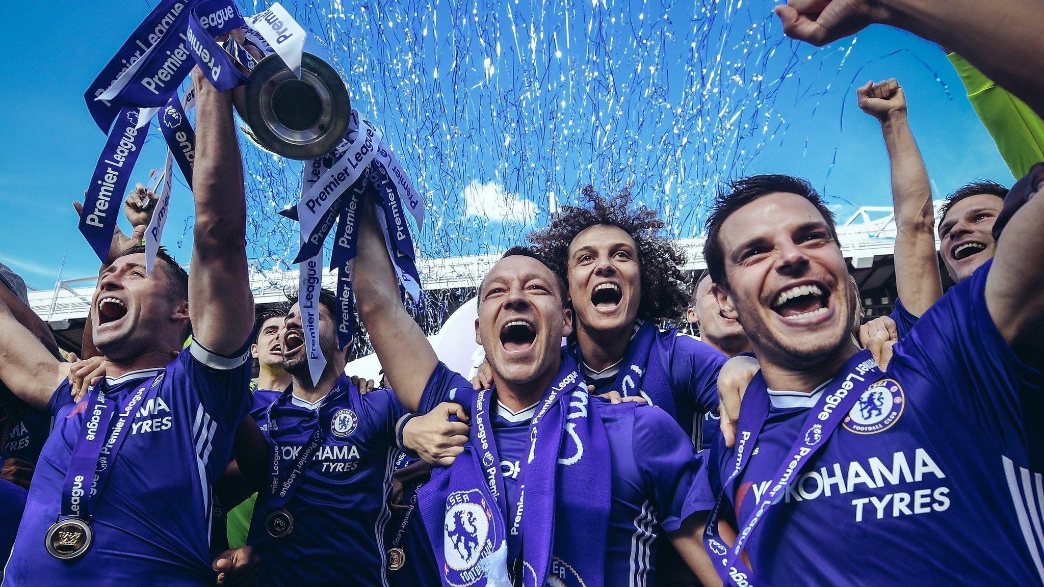 Chelsea players with Premier League trophy