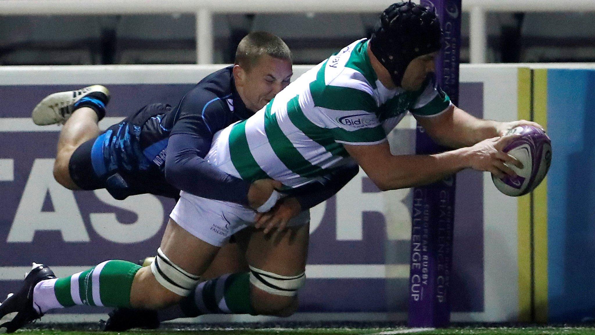 Ryan Burrows scores one of Newcastle's 10 tries