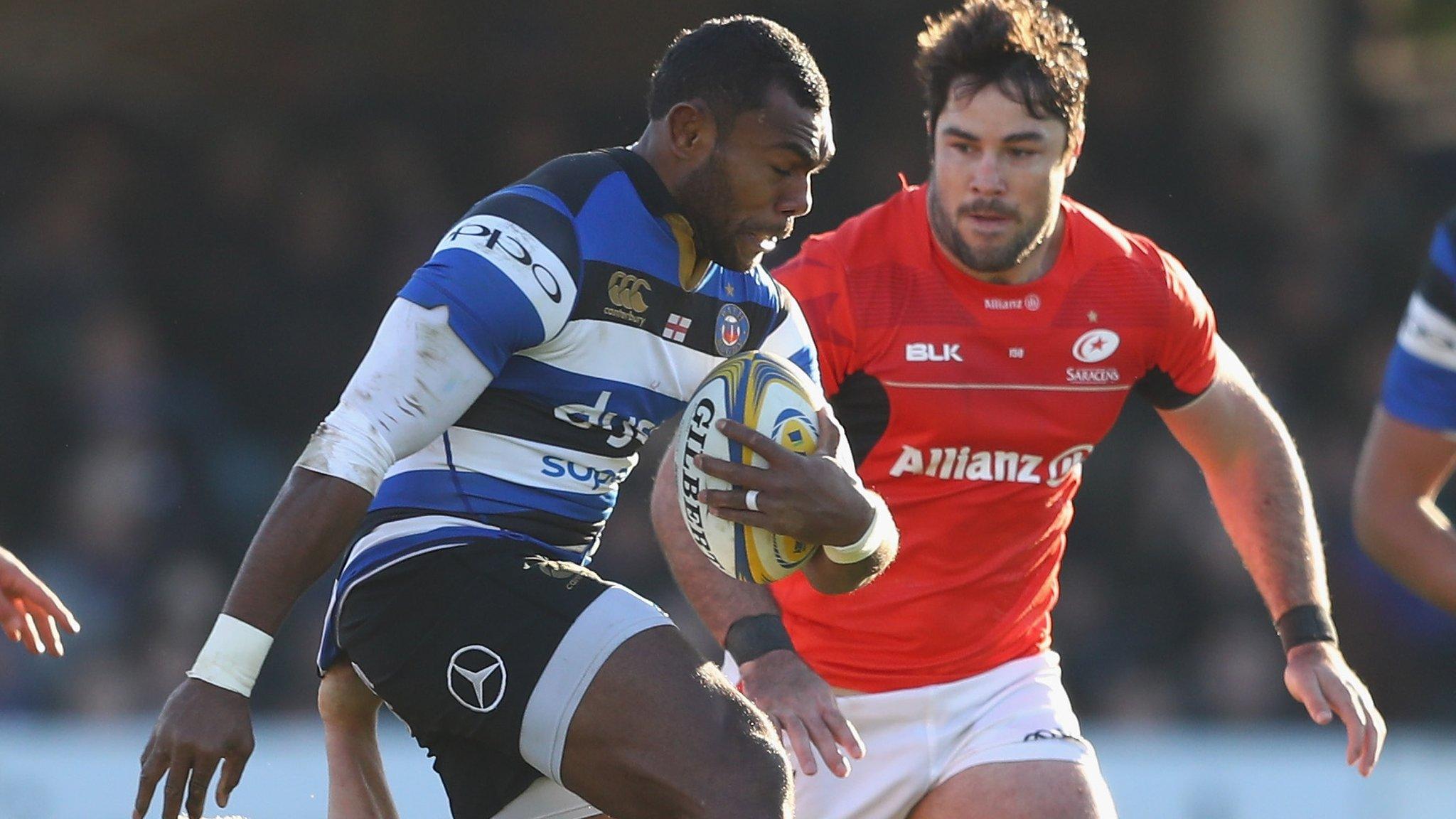 Semesa Rokoduguni of Bath bursts past the challenge of Vincent Koch of Saracens