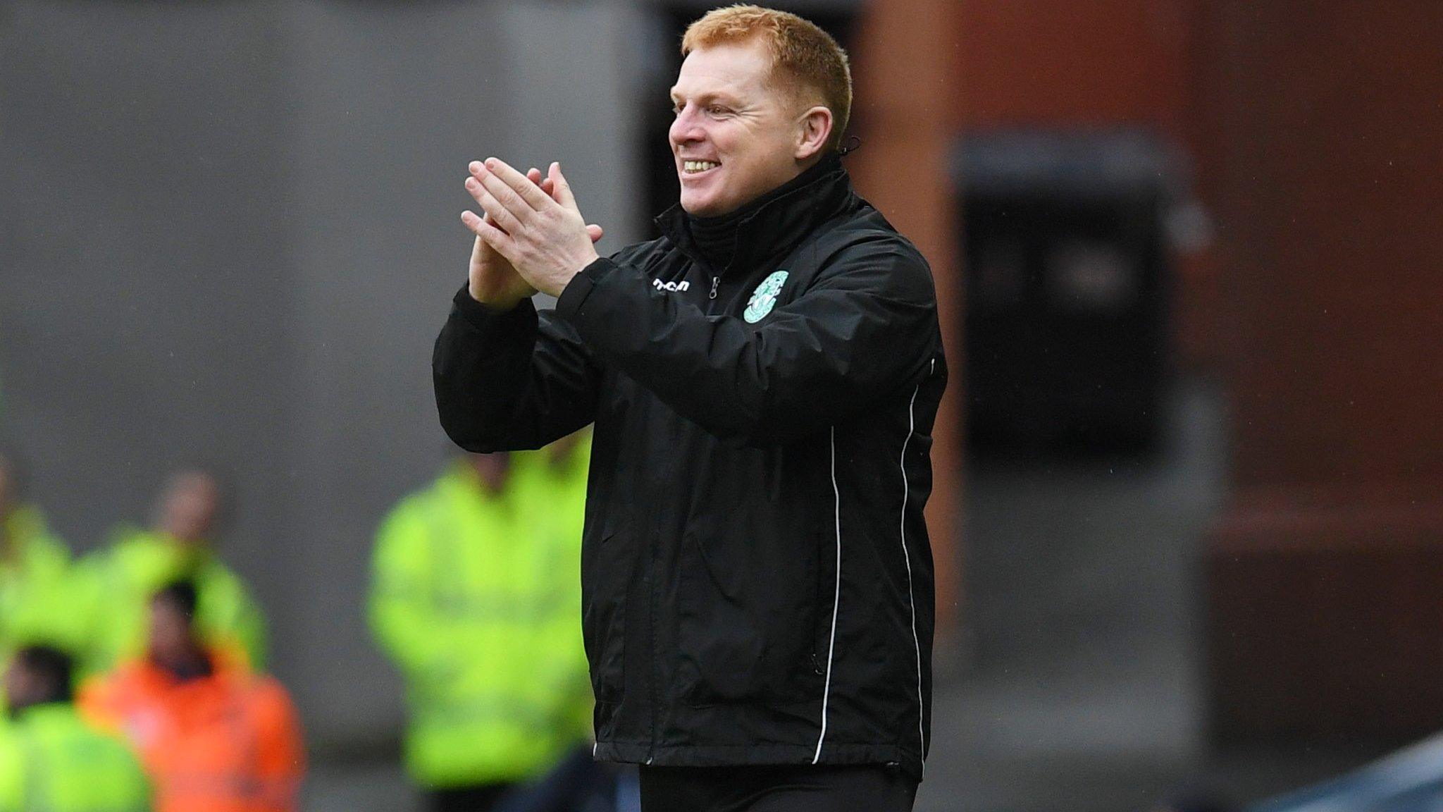 Hibernian manager Neil Lennon celebrates winning at Ibrox