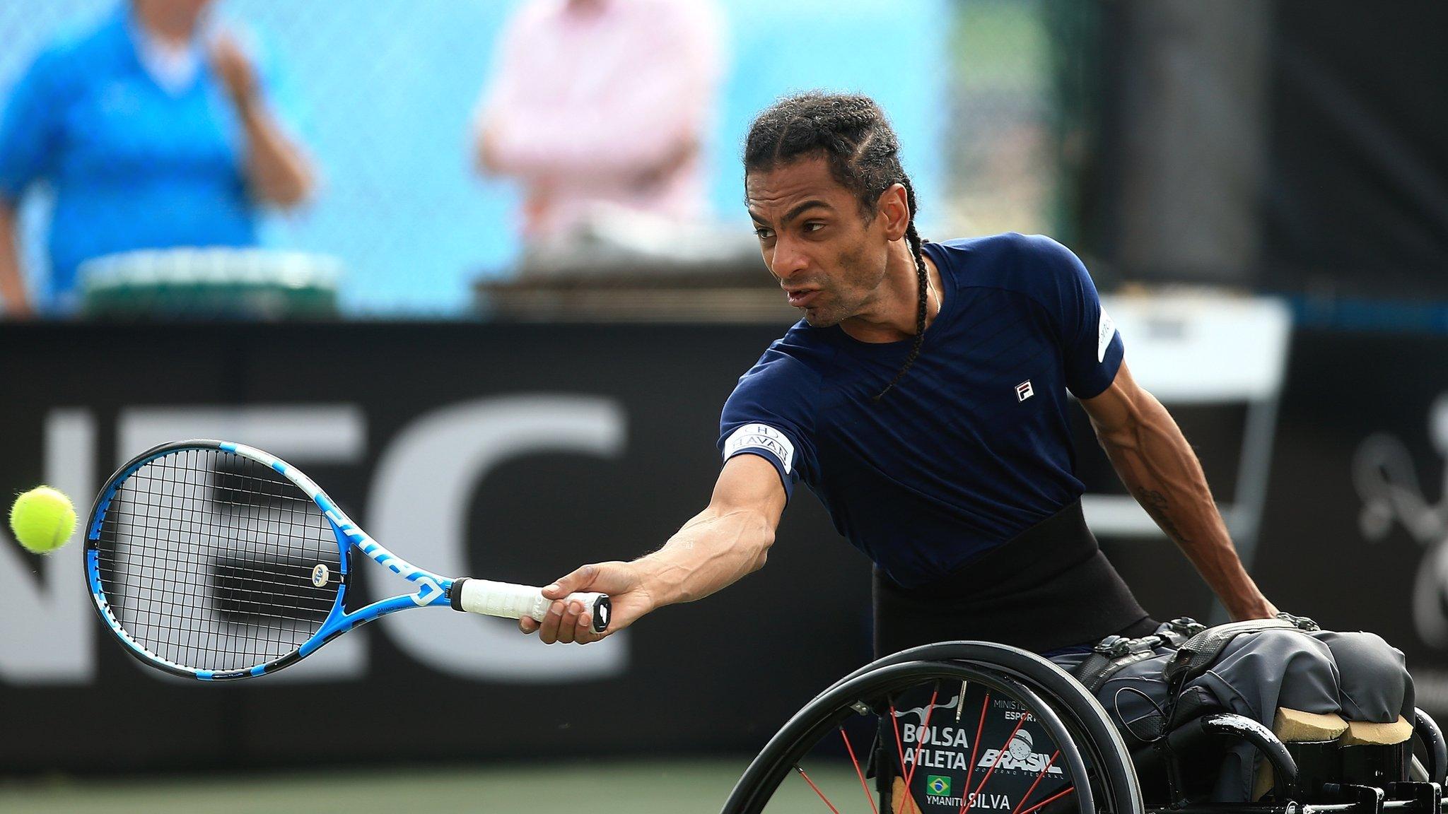 Wheelchair Tennis - NOTTINGHAM, ENGLAND - JULY 18: Ymanitu Silva of Brazil plays a forehand during his match against Andy Lapthorne of Great Britain on day two of The British Open Wheelchair Tennis Championships at Nottingham Tennis Centre on July 18, 2018 in Nottingham, England. (Photo by Ben Hoskins/Getty Images for Tennis Foundation)