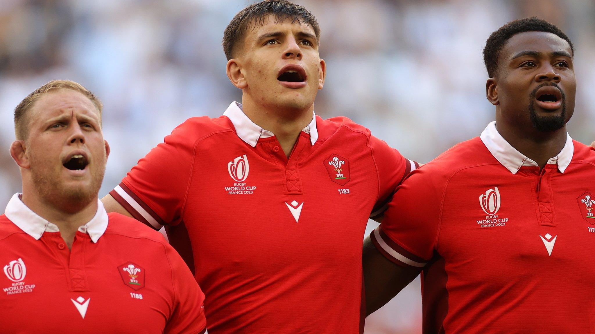 Wales forwards L-R: Corey Domachowsdi, Dafydd Jenkins and Christ Tshiunza