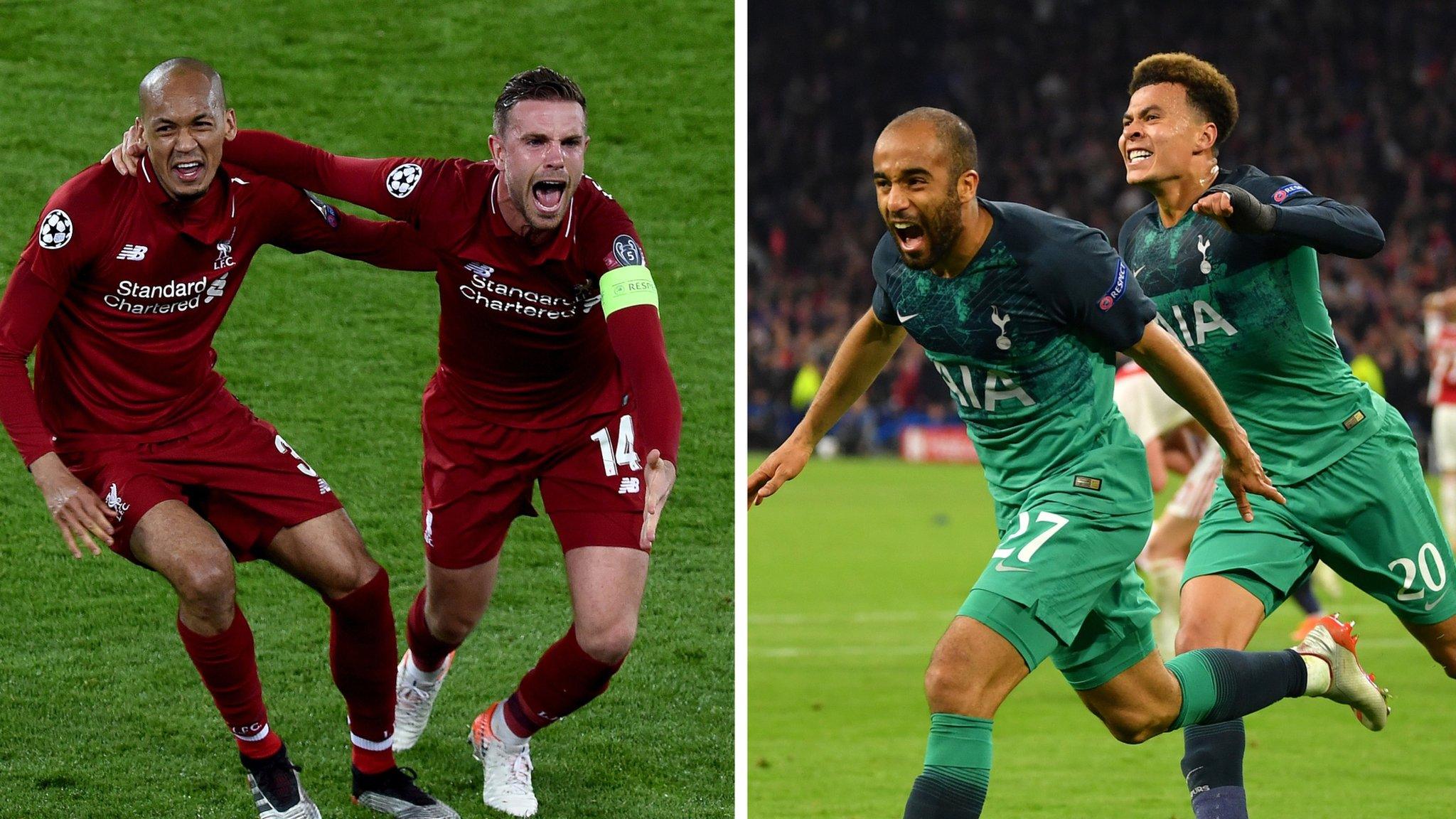 Liverpool's Fabinho and Jordan Henderson (left) and Tottenham's Lucas Moura and Deli Alli celebrate reaching the Champions League final