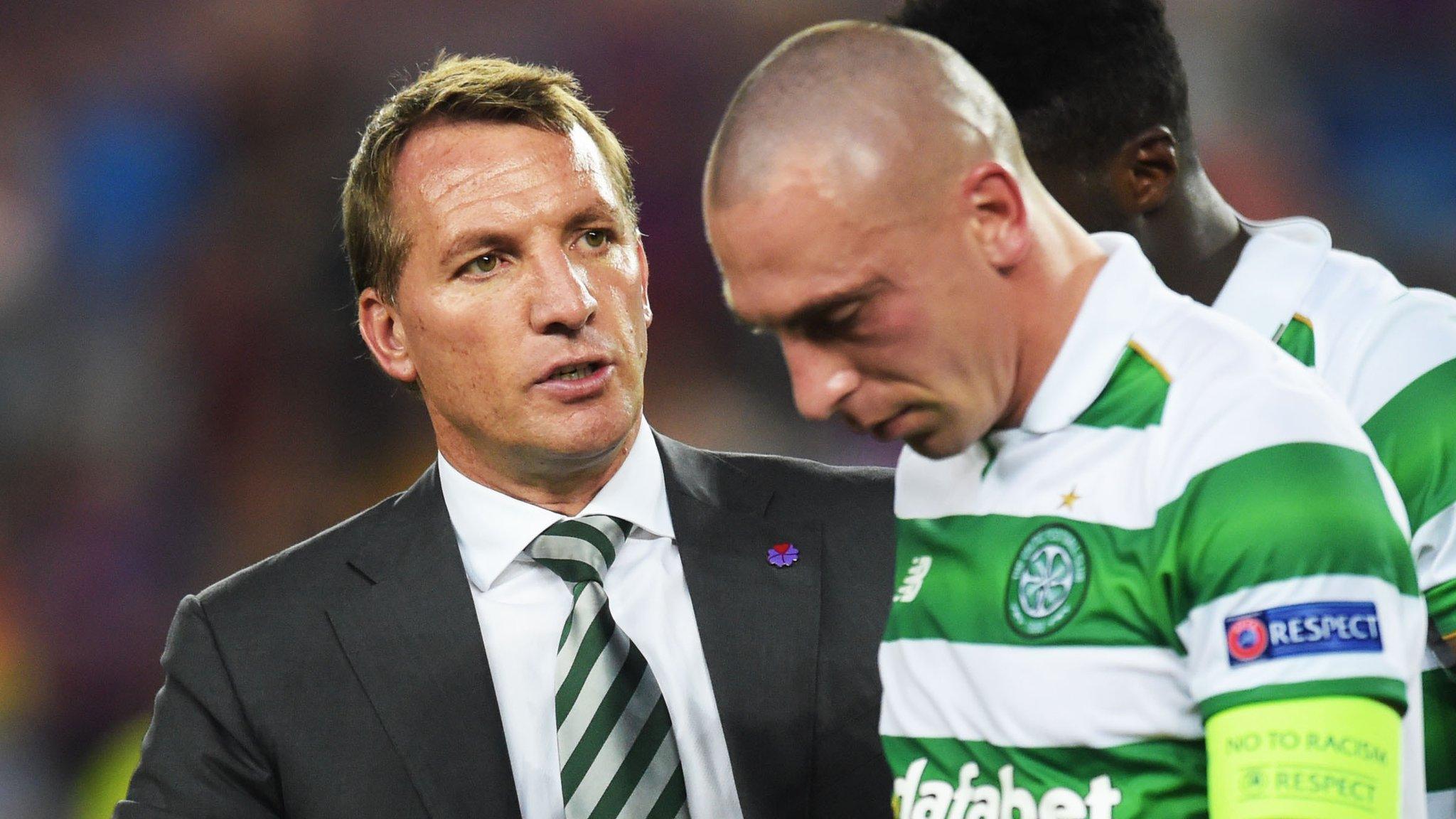 Brendan Rodgers consoles Kolo Toure and Scott Brown after the heavy defeat in Barcelona