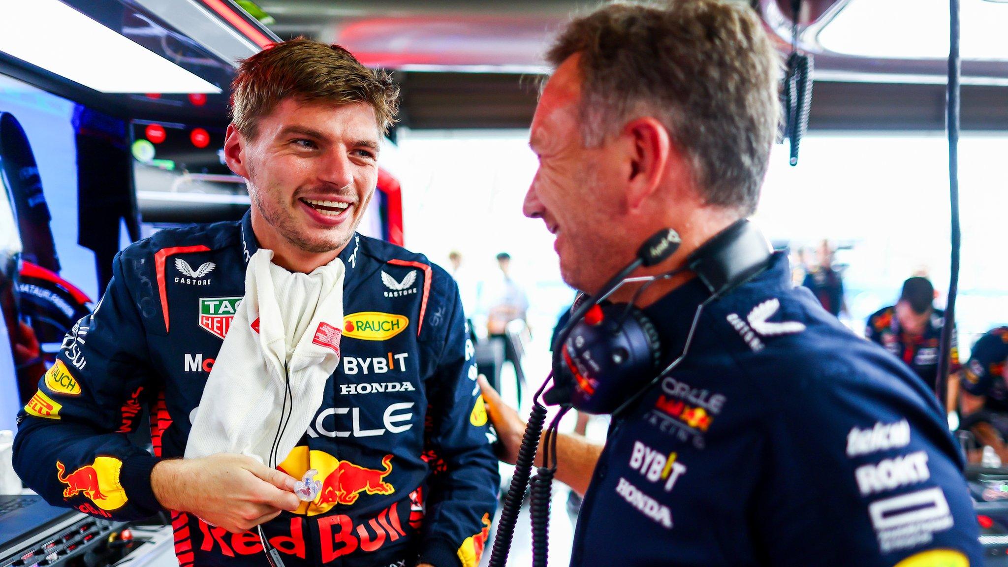 Max Verstappen and Christian Horner smile