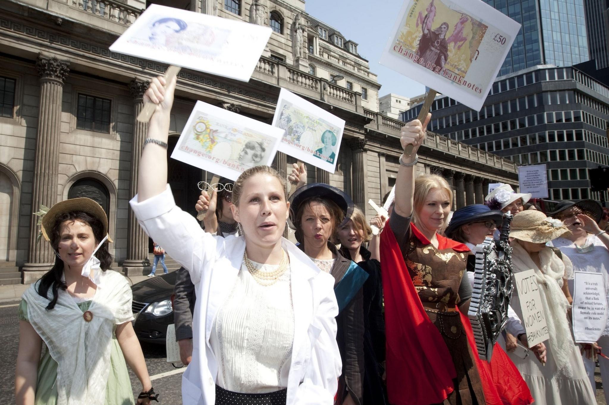 Caroline Criado-Perez leads female protesters in Bank, London.