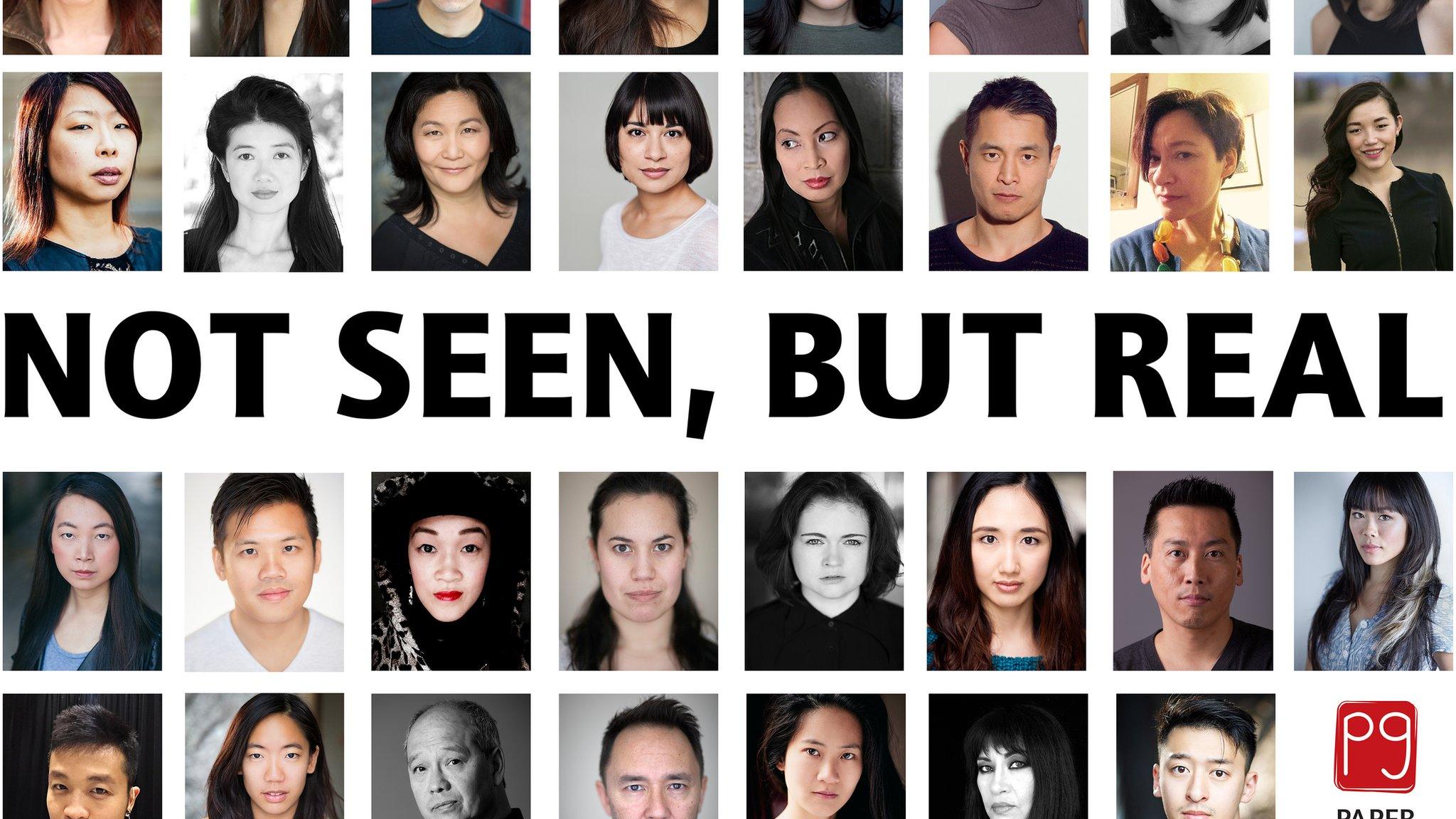 A protest poster showing the head shots of several east Asian actors, with the words "Not seen, but real"