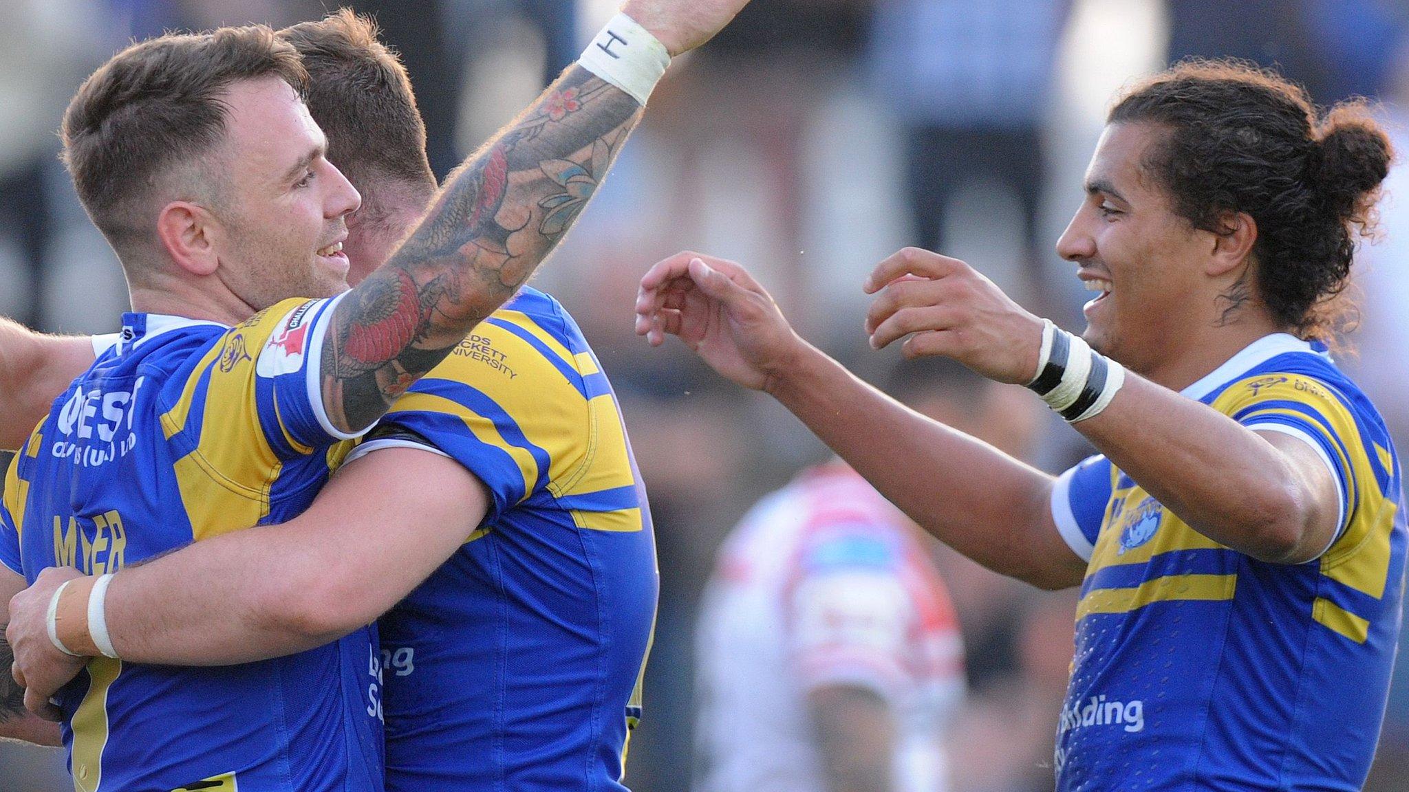 Leeds celebrate a try