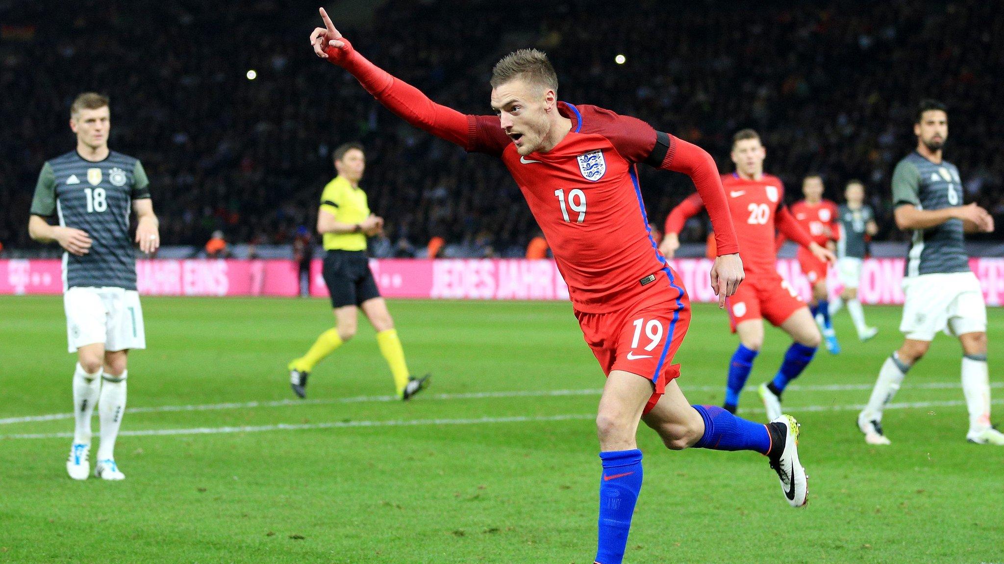 Jamie Vardy scores for England