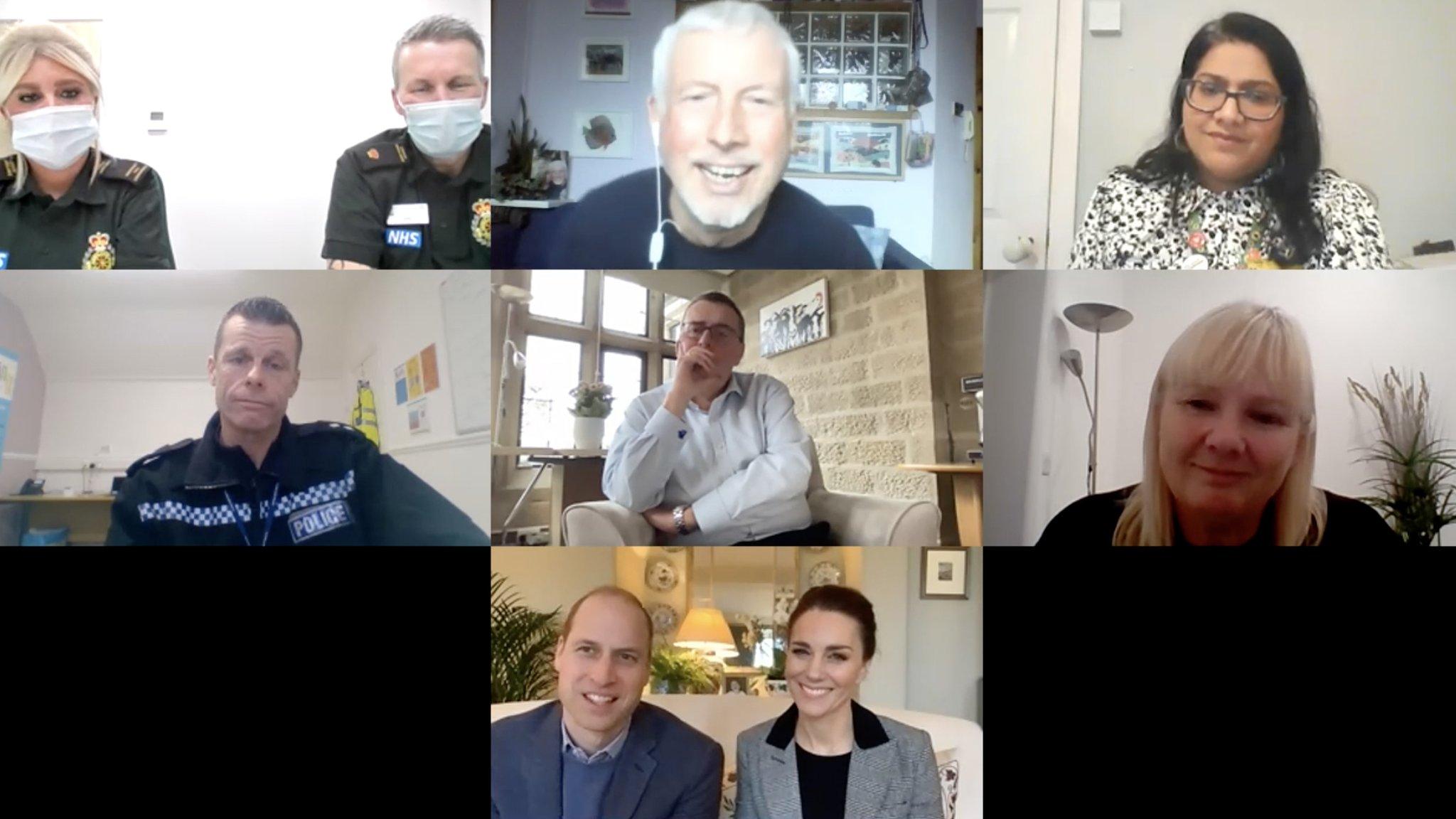 Video call with emergency service workers and the Duke and Duchess of Cambridge. (top row left to right) Carly Kennard, London Ambulance Service; Jules Lockett, London Ambulance Service; Conal Devitt, Formby Primary Care Network; Manal Sadik, Guys and St Thomas, (middle row left to right) Phil Spencer, Cleveland Police; Tony Collins, Just "B" volunteer helpline call handler and CEO of North Yorkshire Hospice Care; Caroline Francis, Just "B" helpline support worker and nurse at North Yorkshire Hospice Care