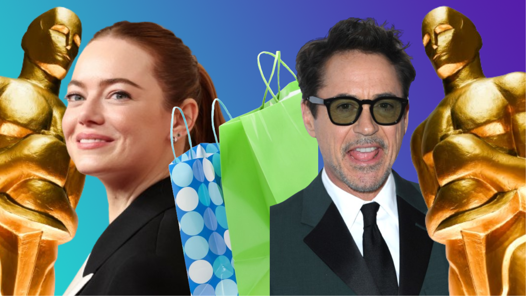 Emma Stone and Robert Downey Jr image showing Oscar statues next to a pair of gift bags