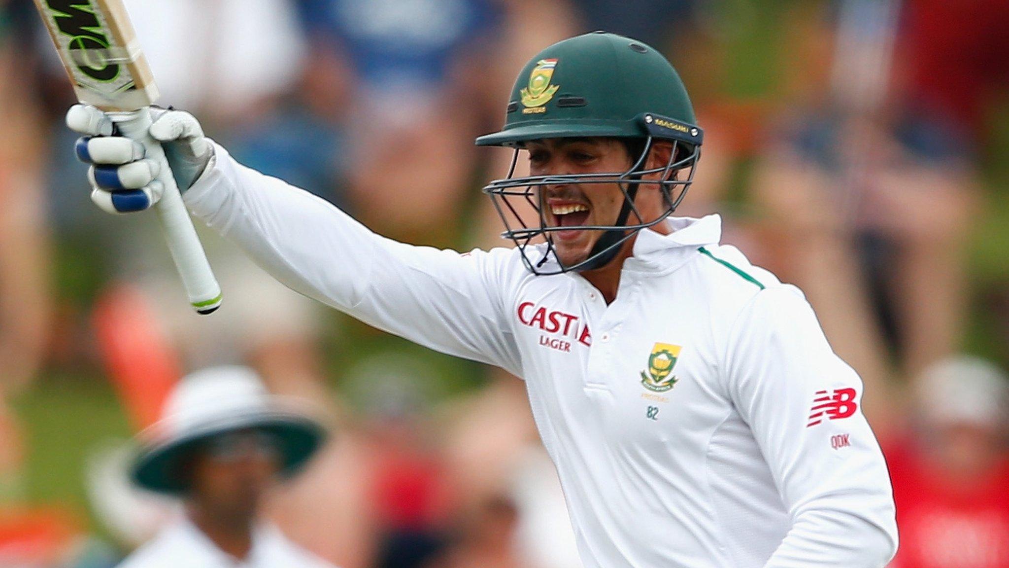 Quinton de Kock celebrates his maiden Test century