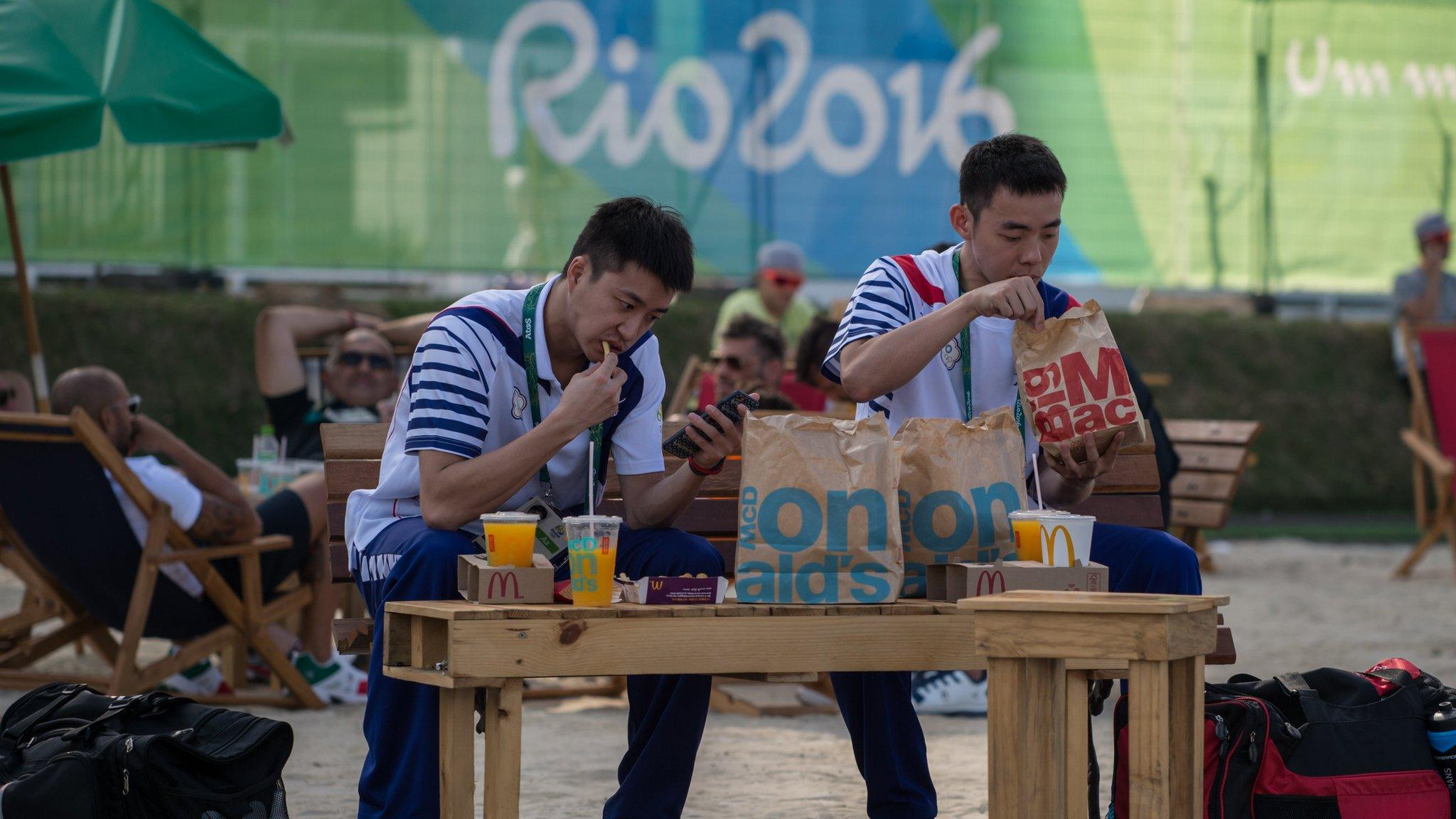 Olympic team from Chinese Taipei eat fast food in athletes village of Rio Olympic Games on August 1, 2016