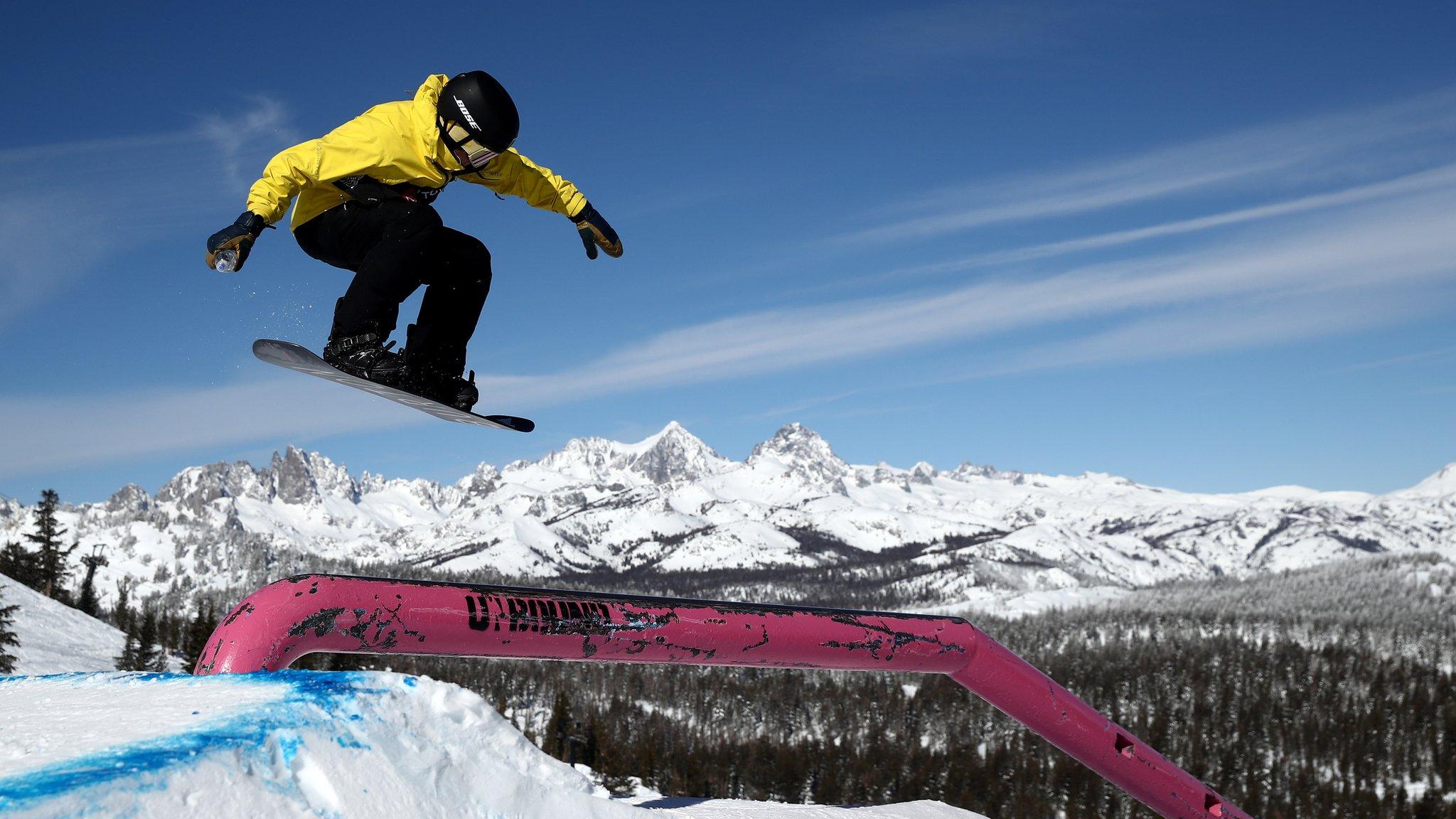 Redmond Gerard of the United States takes a practice run before competing in the Men's Snowboard Slope Style Finals at the 2019 U.S. Grand Prix at Mammoth Mountain