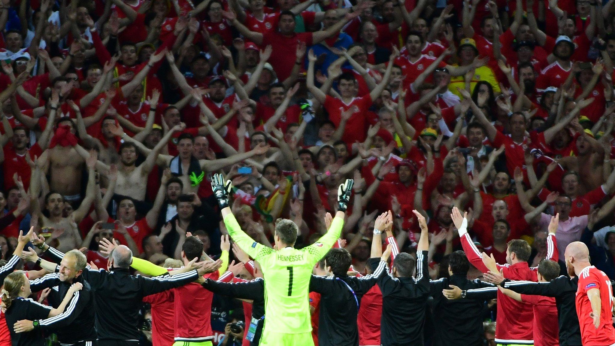 Wales players celebrate with fans at Euro 2016