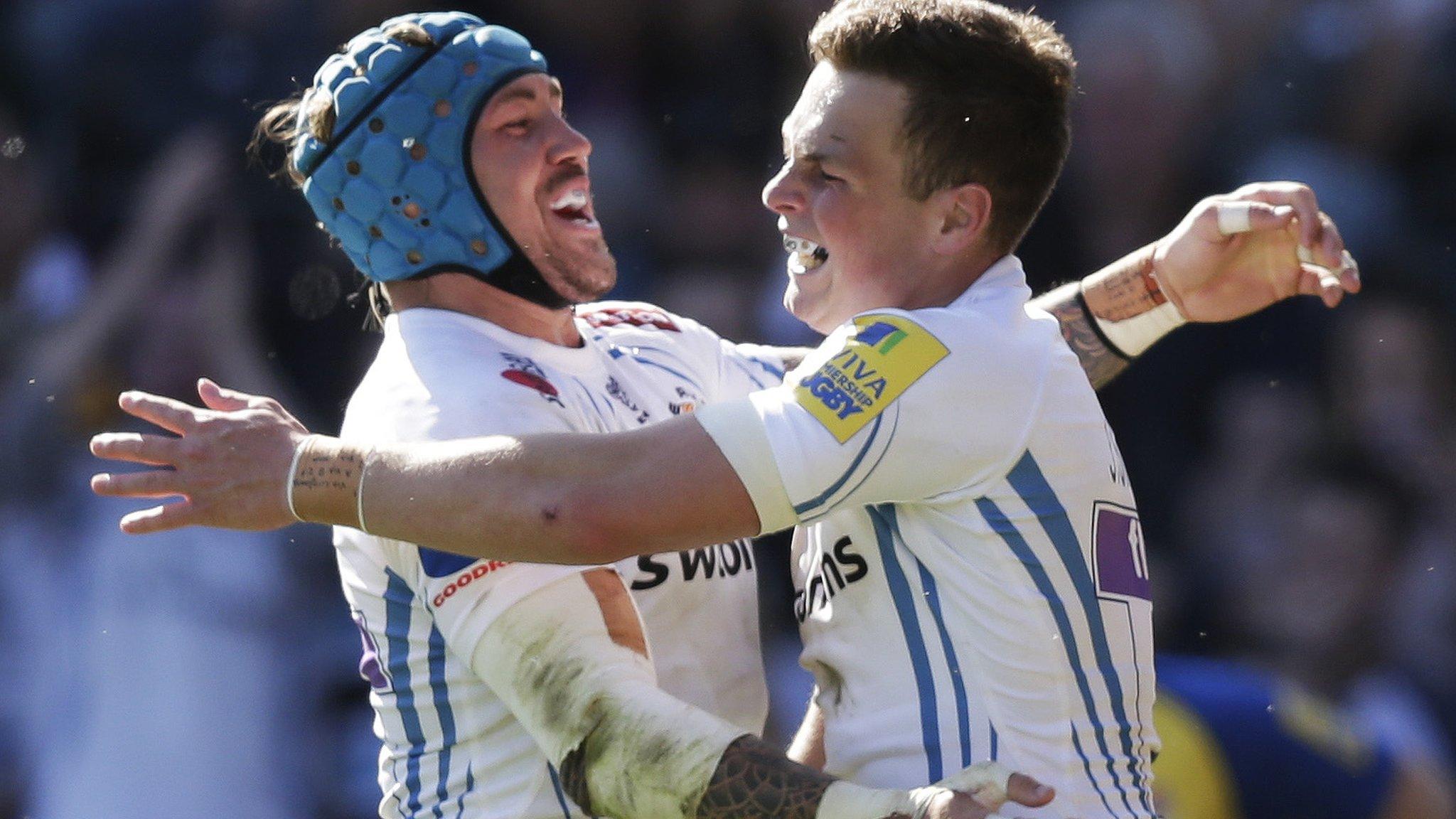 Jack Nowell and Joe Simmonds celebrate a try for Exeter