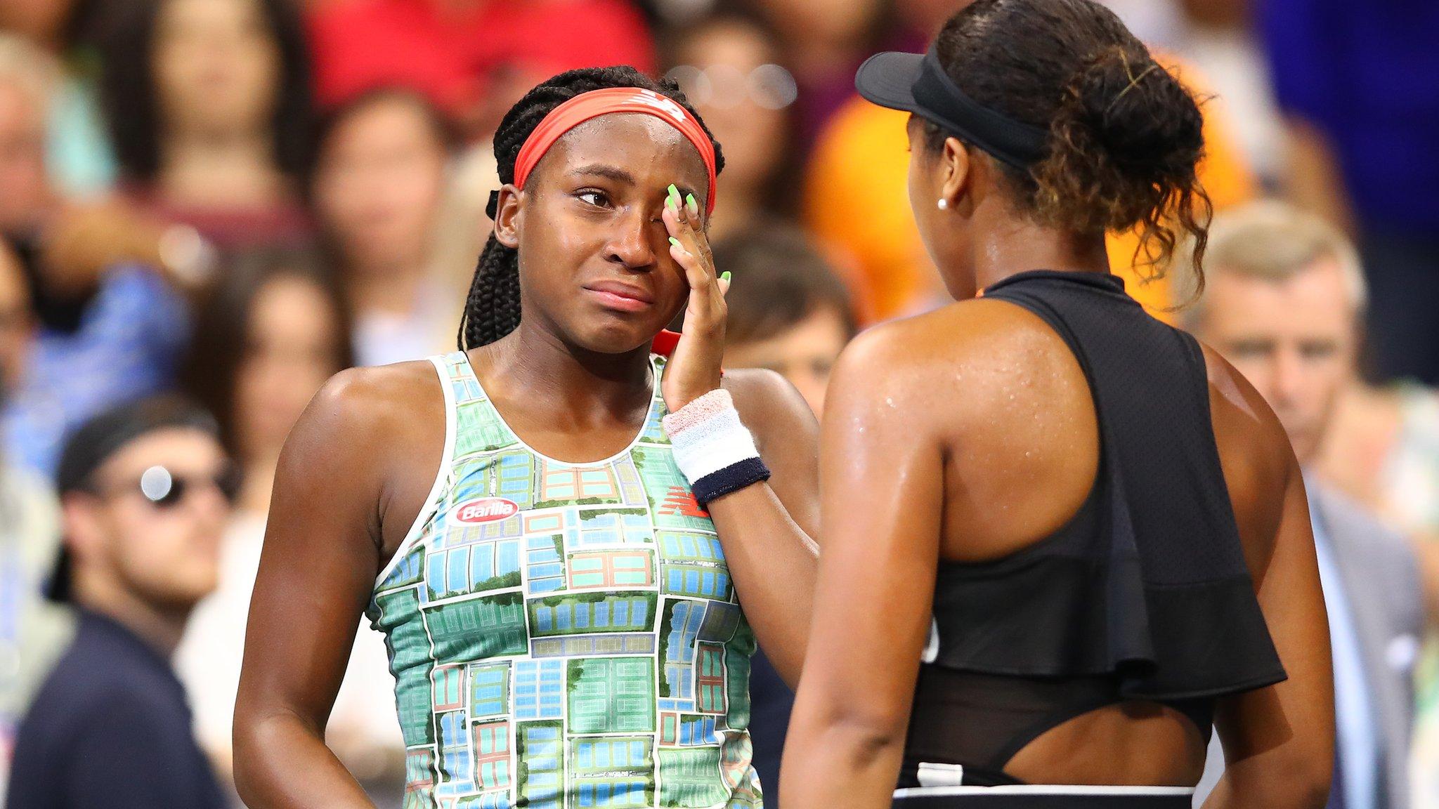 NEW YORK, NEW YORK - AUGUST 31: Cori Gauff of the United States and Naomi Osaka of Japan speak following their Women's Singles third round match on day six of the 2019 US Open at the USTA Billie Jean King National Tennis Center on August 31, 2019 in Queens borough of New York City. (Photo by Clive Brunskill/Getty Images)