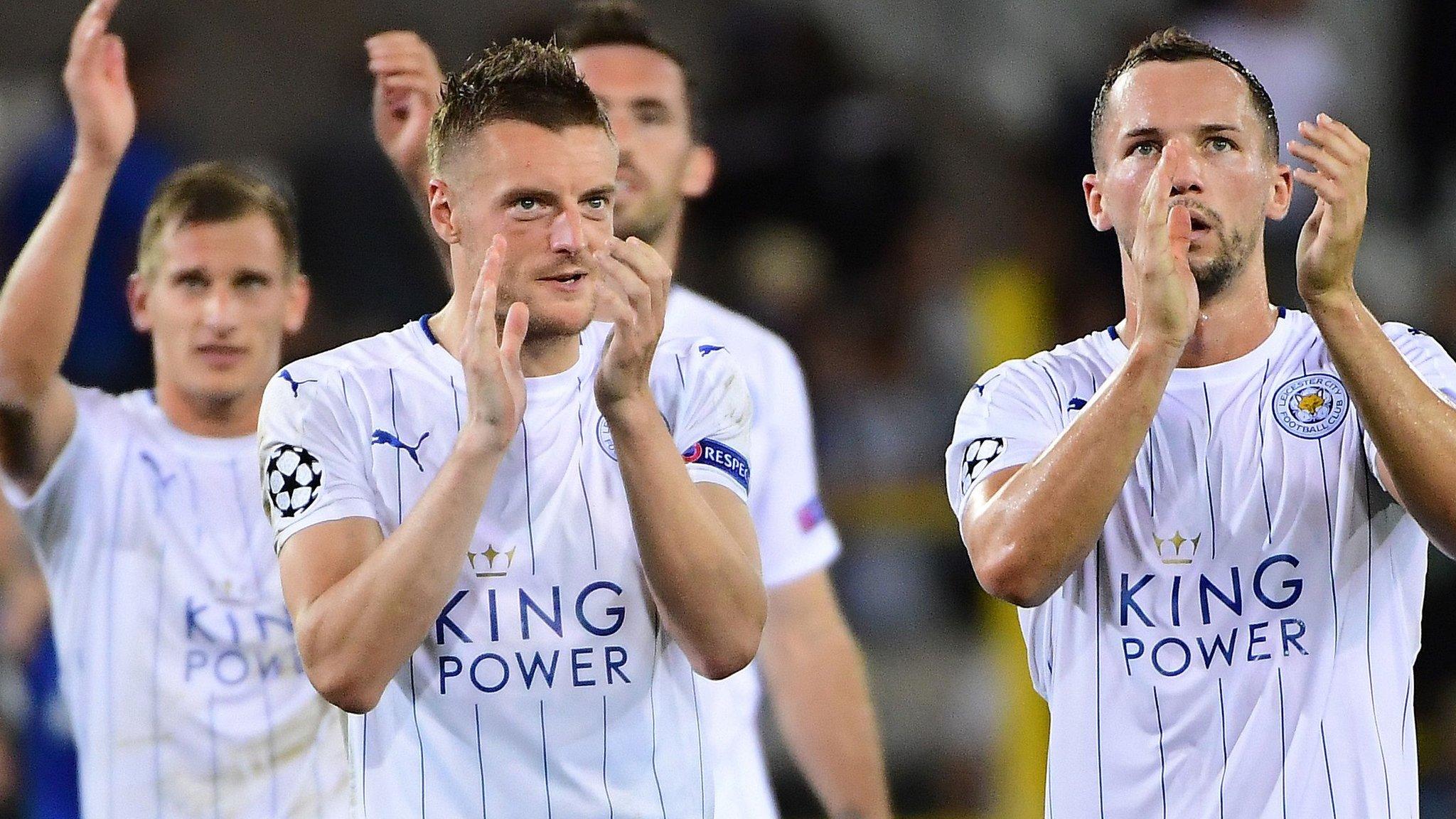 Leicester City players salute their away support in Brugge