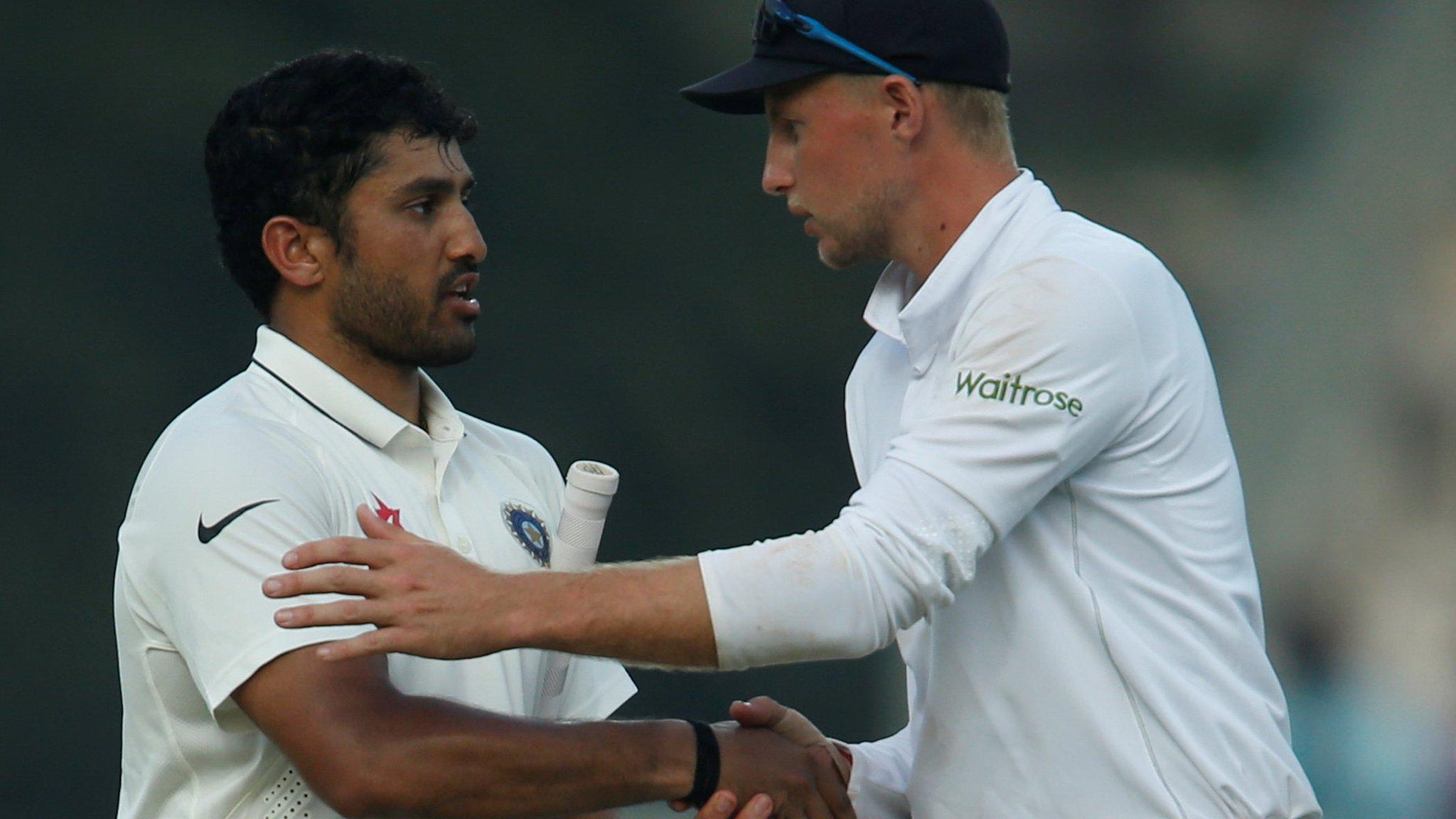 Karun Nair is congratulated by England's Joe Root on his triple century