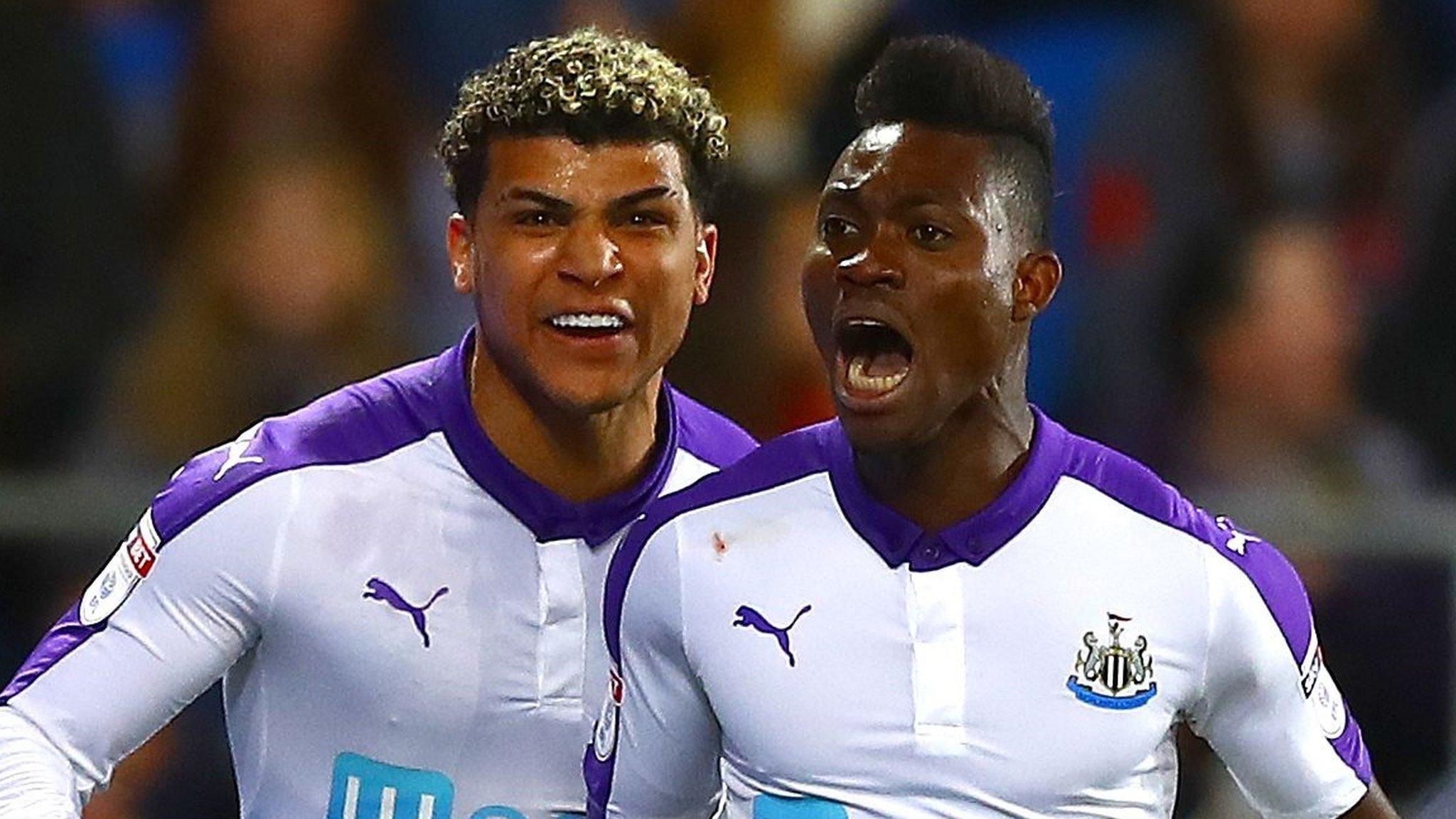 Christian Atsu celebrates after scoring Newcastle's opening goal.