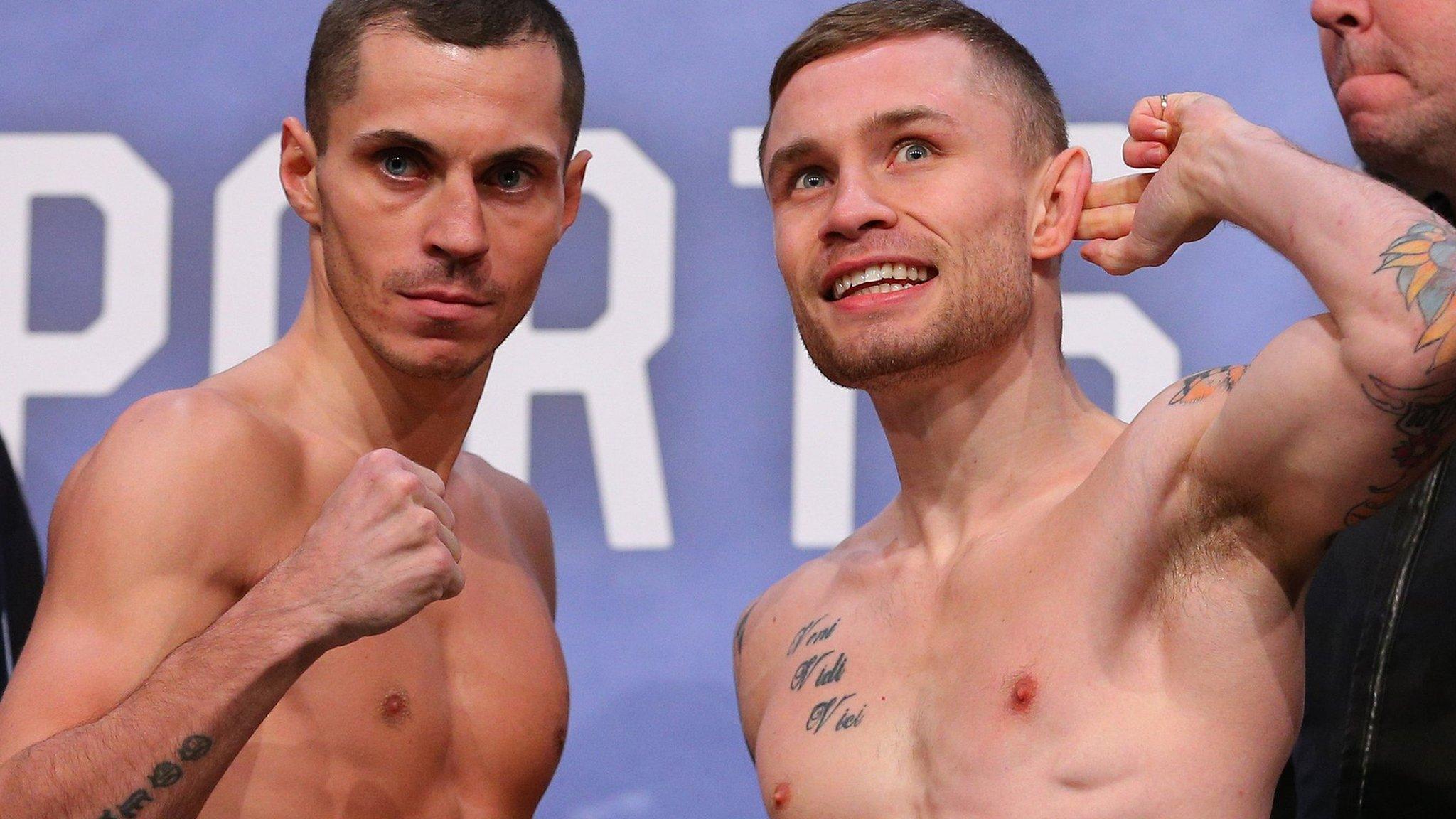 Scott Quigg and Carl Frampton during the weigh-in ahead of their World Super-Bantamweight unification fight