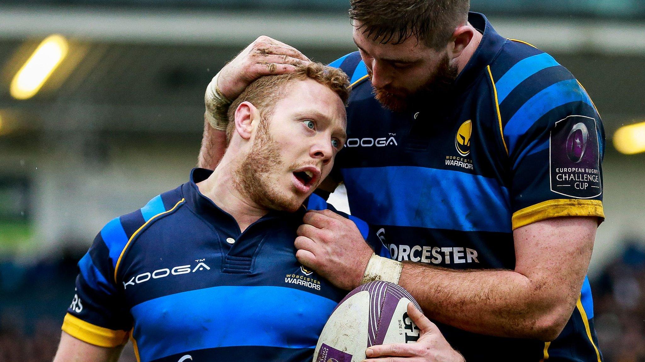 Worcester Scrum-Half Luke Baldwin celebrates with Lock Darren O'Shea after scoring Worcester's first try