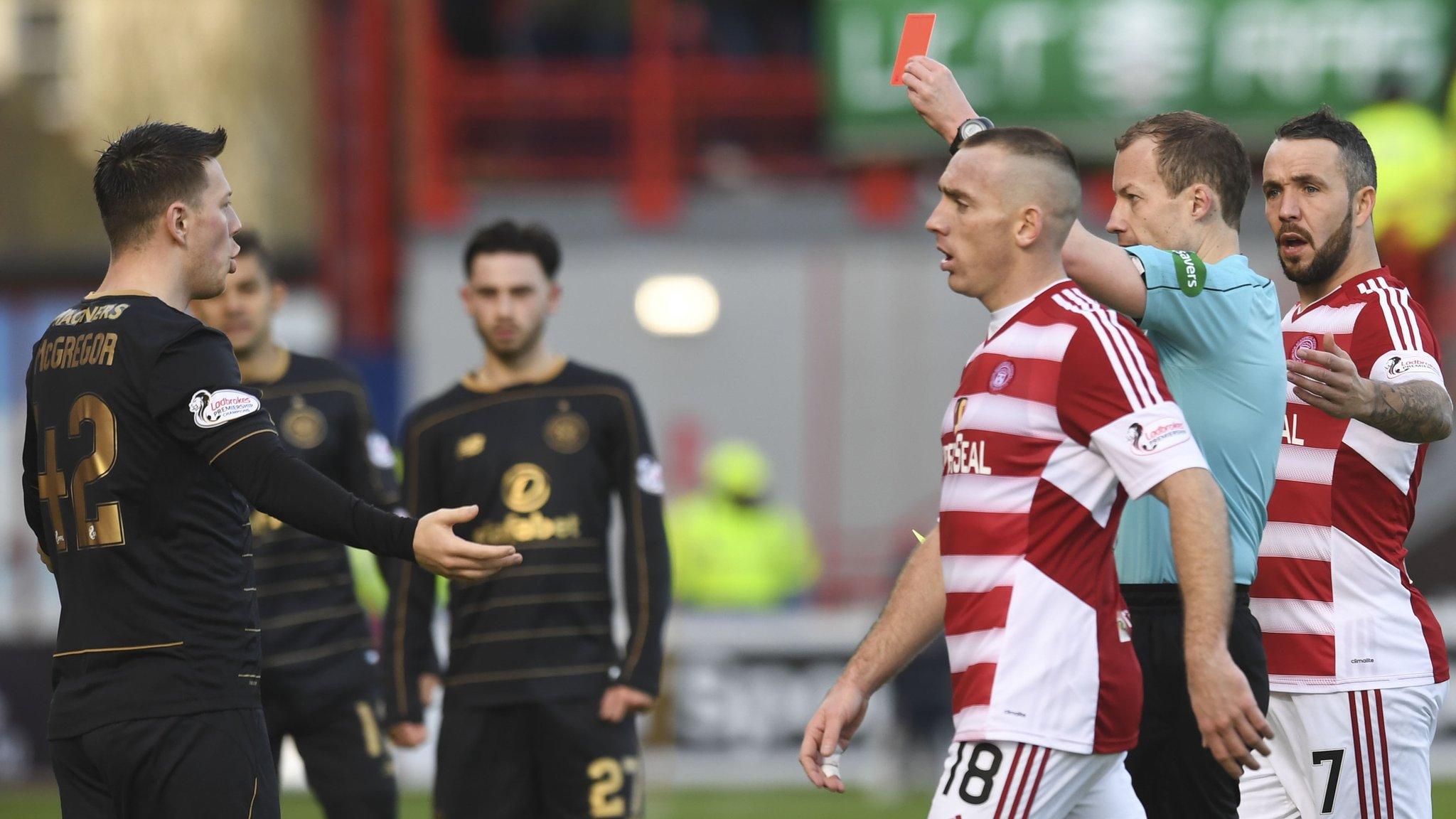 Referee Willie Collum shows Callum McGregor a red card early in the second half