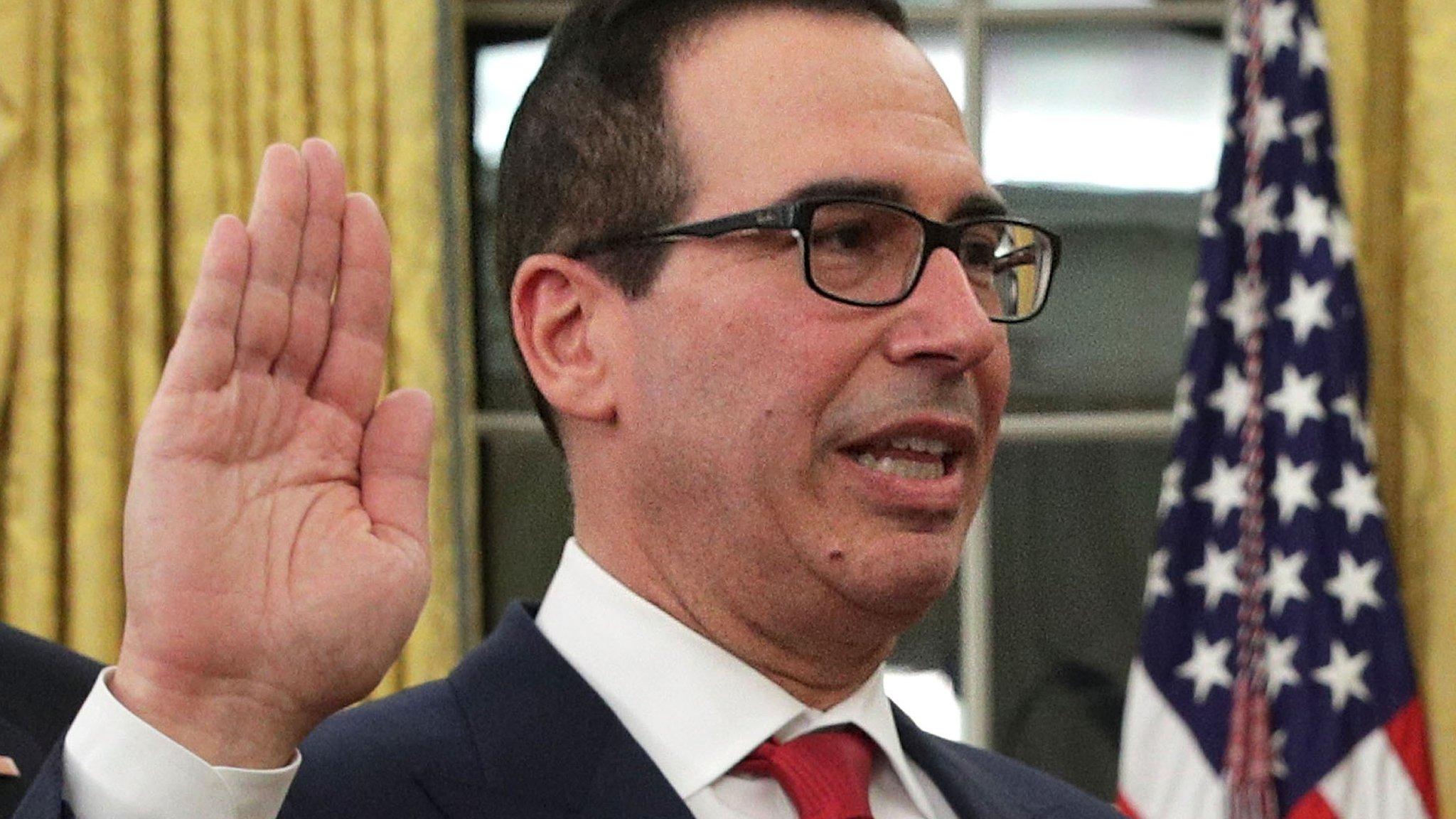 Former investment banker Steven Mnuchin participates in a swearing-in ceremony at the White House. 13 Feb 2017