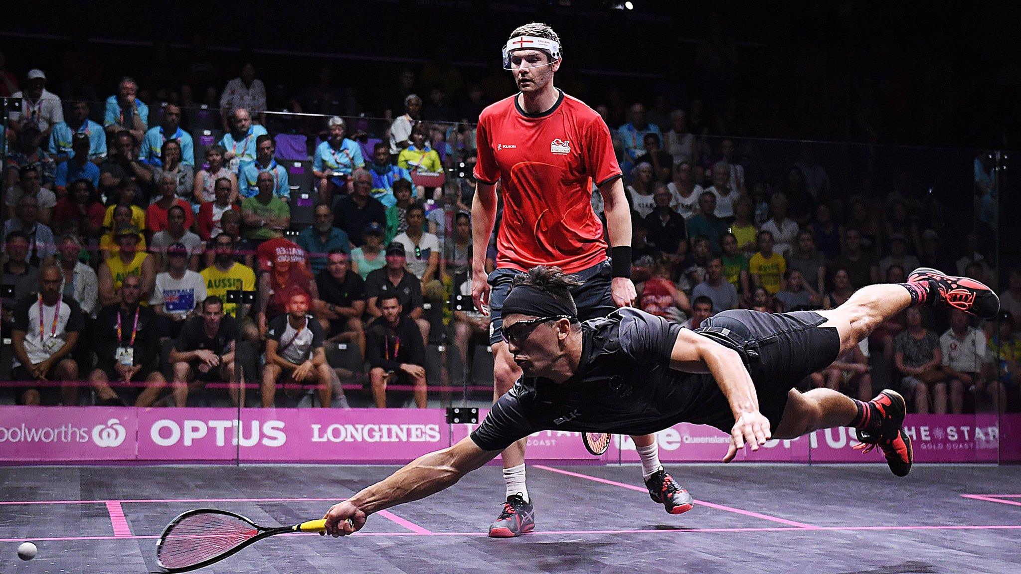 Zac Millar of New Zealand competes in a mixed doubles squash match against England on day six of the Gold Coast 2018 Commonwealth Games at Oxenford Studios