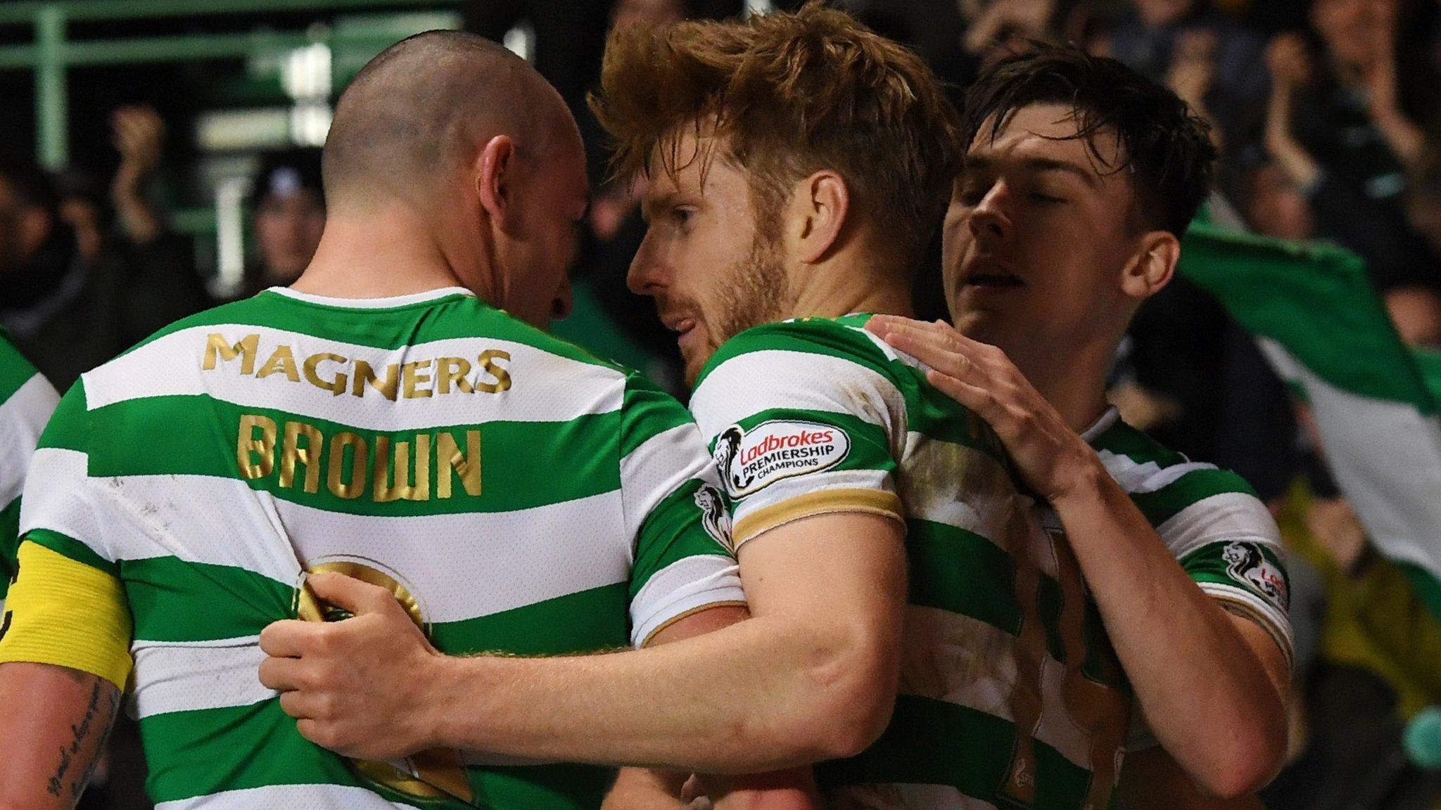 Stuart Amstrong celebrates his opening goal with Scott Brown and Kieran Tierney