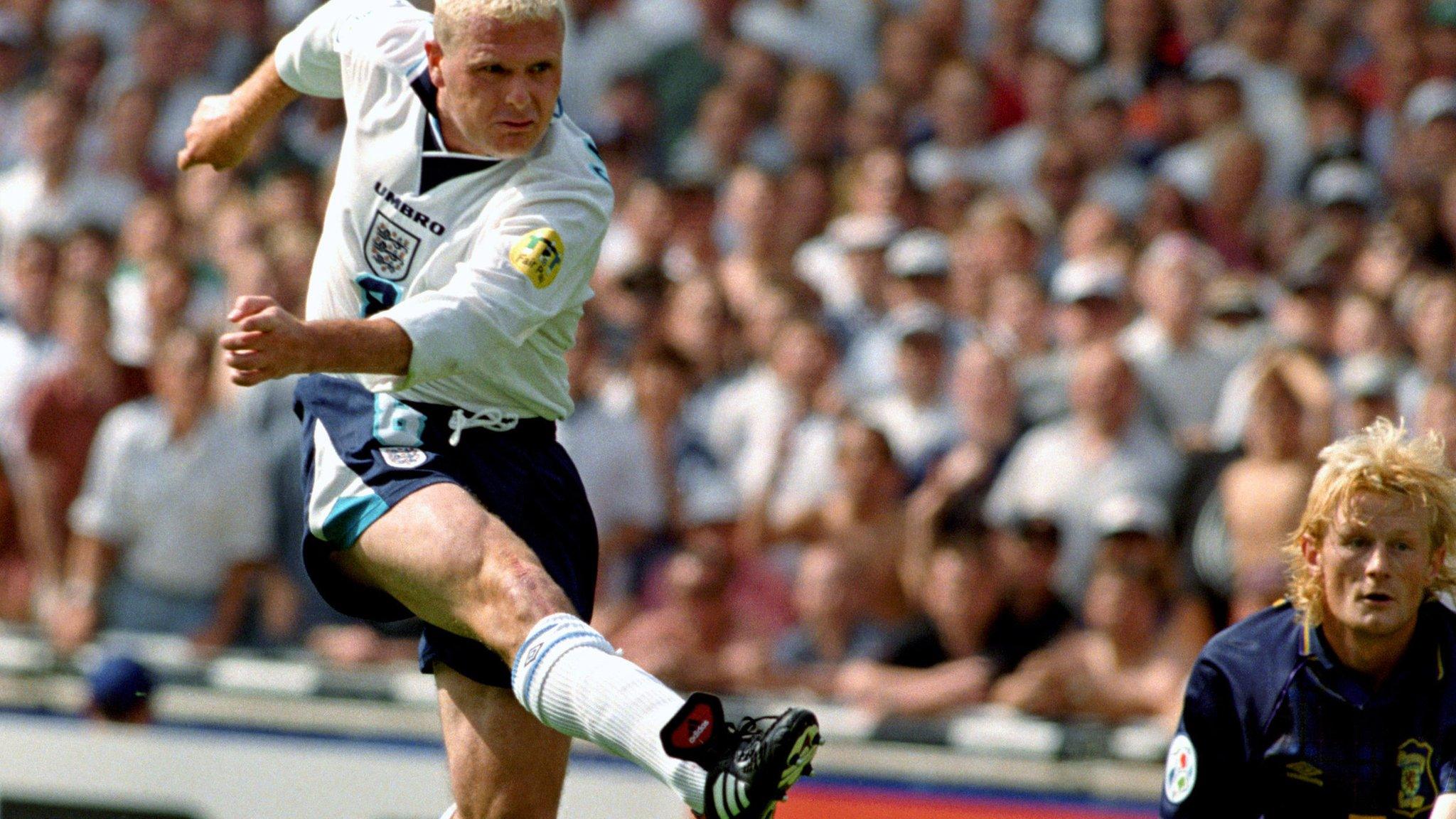 Paul Gascoigne celebrates scoring against Scotland