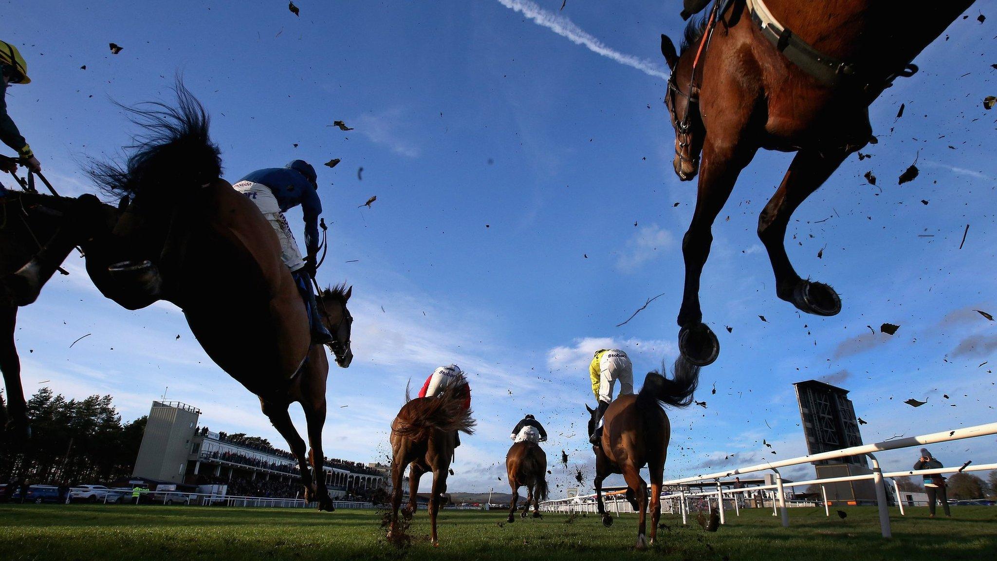 Horses clear a jump