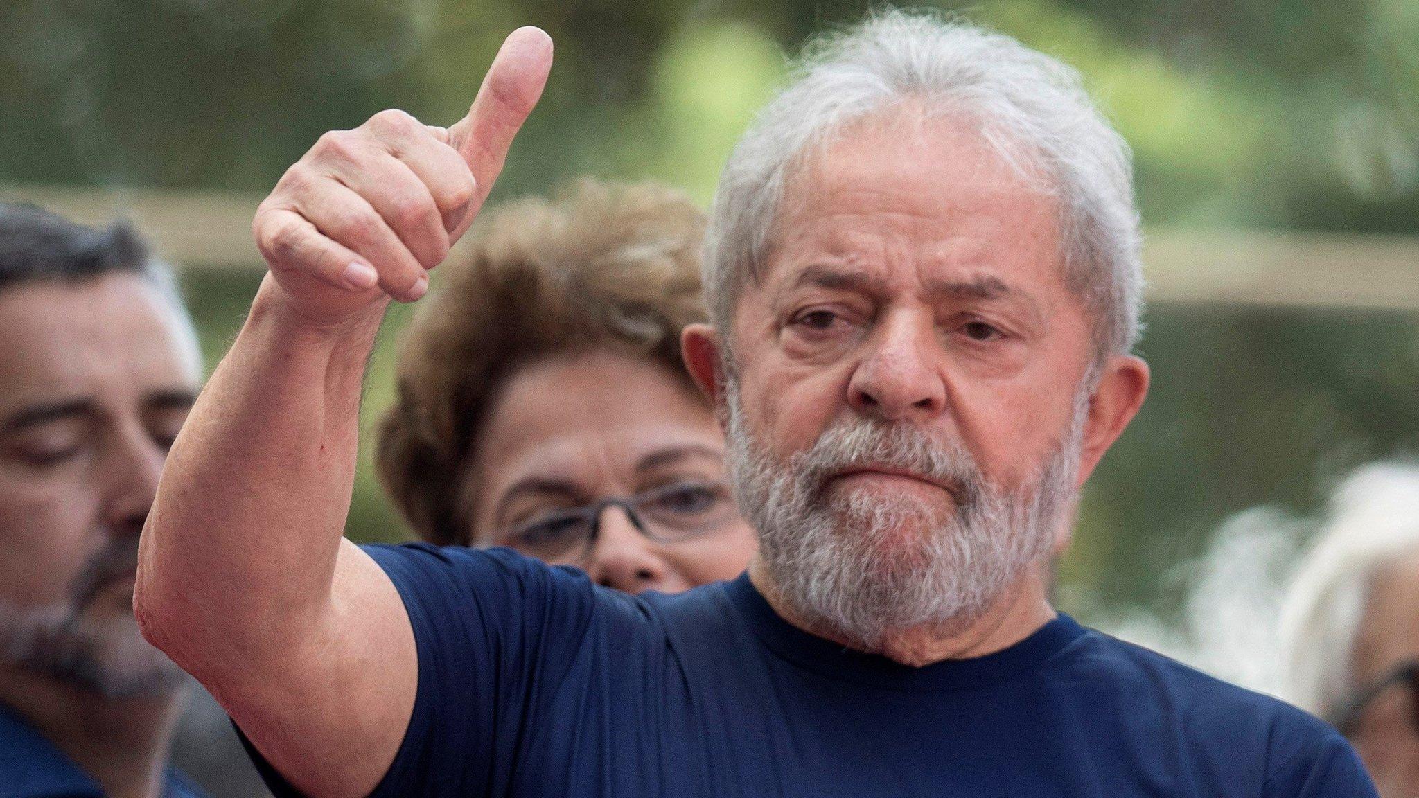 Brazilian former president Lula da Silva attends a ceremony in memory of his wife, Marisa Leticia Lula da Silva, after leaving the headquarters of the Workers' Party (PT) in Sao Bernardo do Campo, Brazil, 7 April 2018