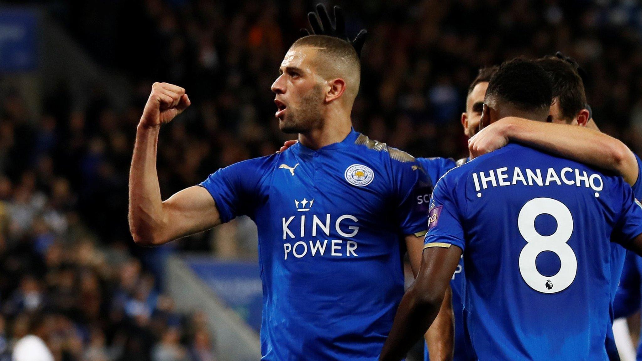 Islam Slimani celebrates Leicester winner against Leeds