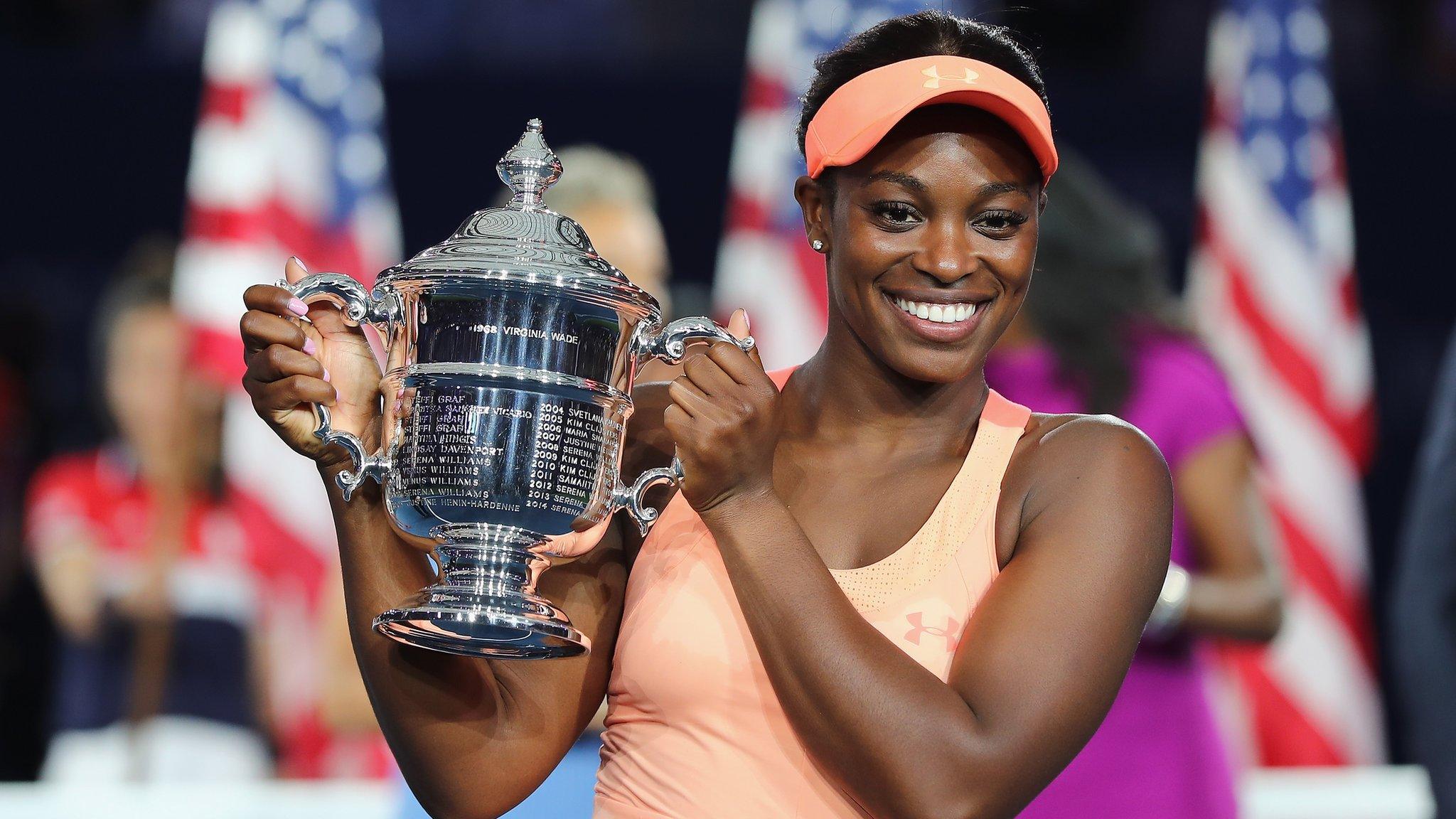 Sloane Stephens of the United States poses with the championship trophy