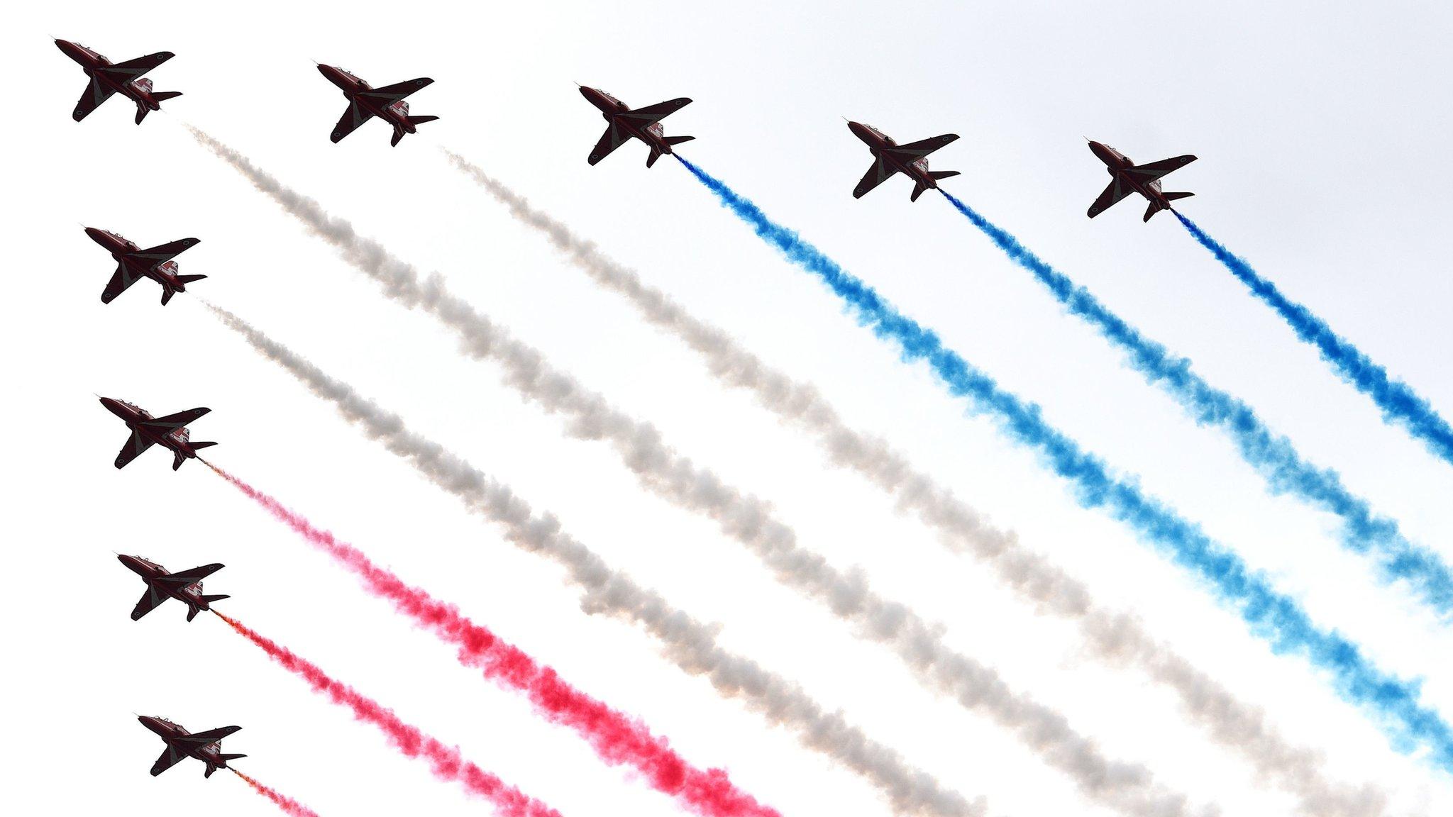 Red Arrows flying over Buckingham Palace, London in the Royal Air Force 100 flypast to mark the RAF's centenary.