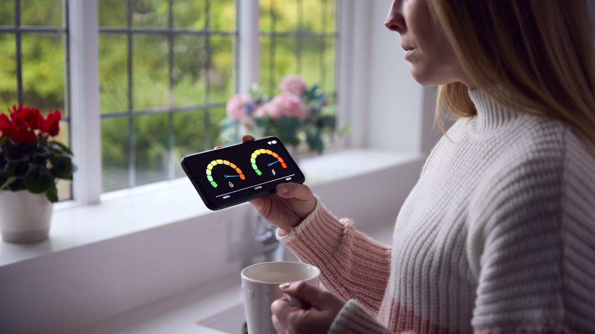 Woman looking at a smart meter