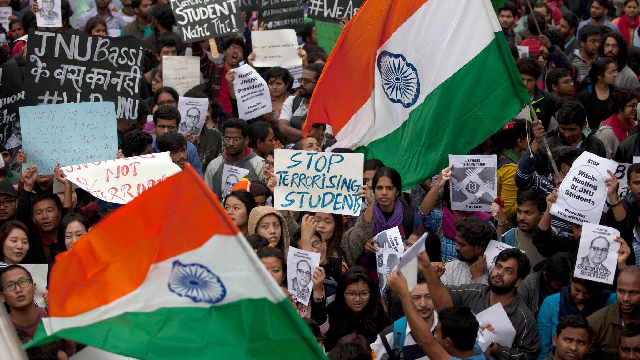 Protests against the arrest of a student union leader, in New Delhi on 18 February 2016