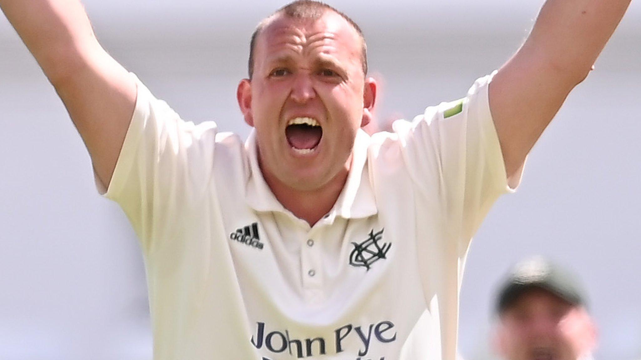 Luke Fletcher celebrates one of his six wickets for Nottinghamshire v Essex