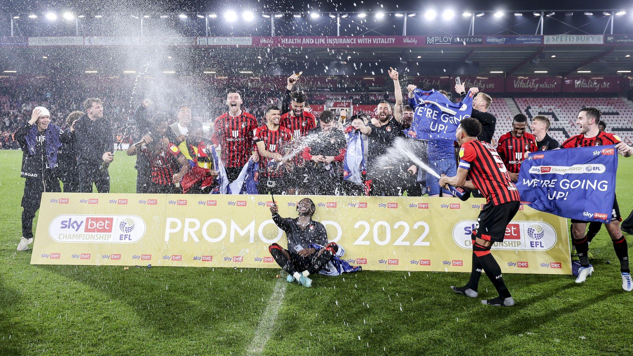 Bournemouth players celebrate their promotion to the Premier League